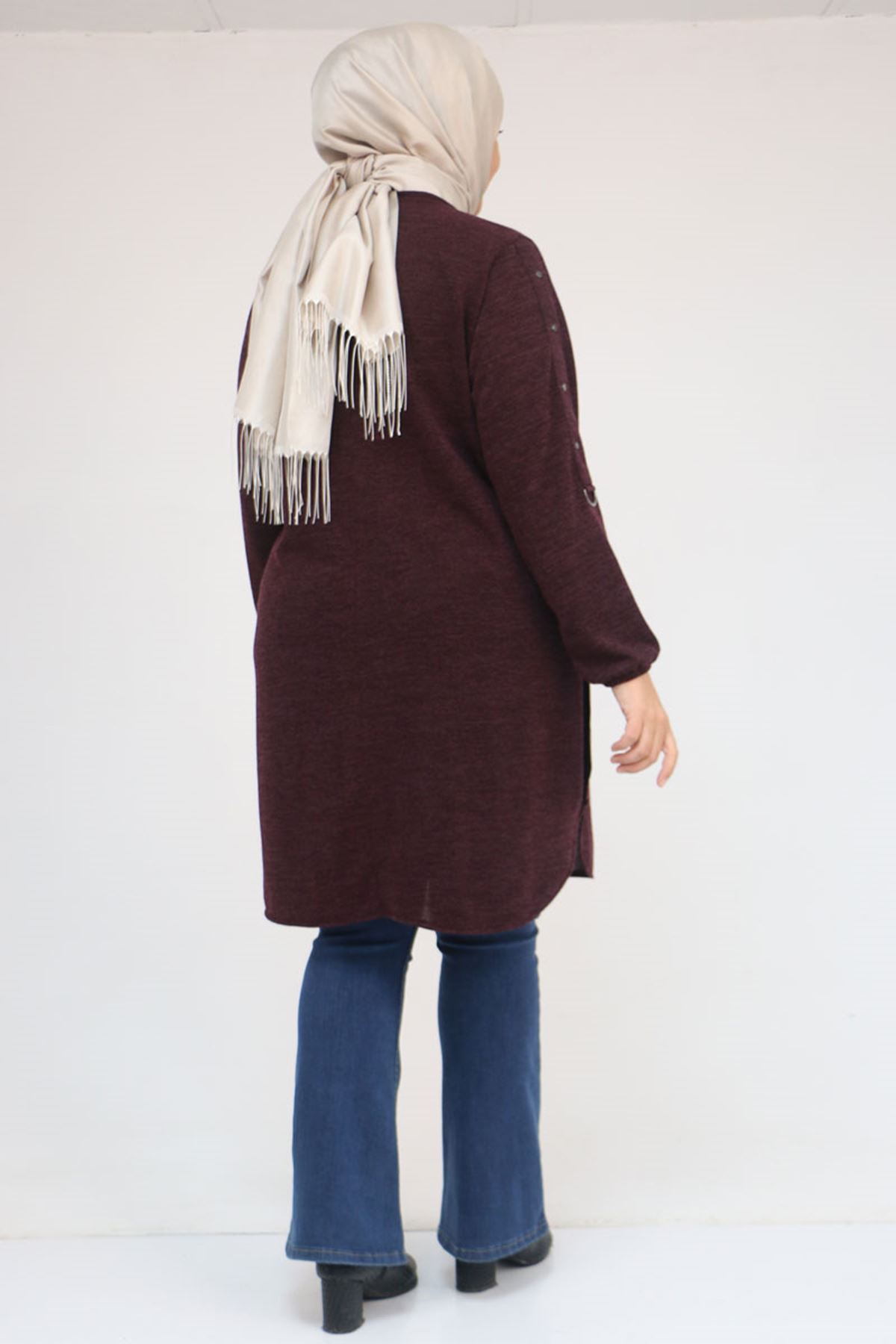 58131 Büyük Beden Kol Ve Etek Uçları Perçinli Mir Tunik - Mürdüm