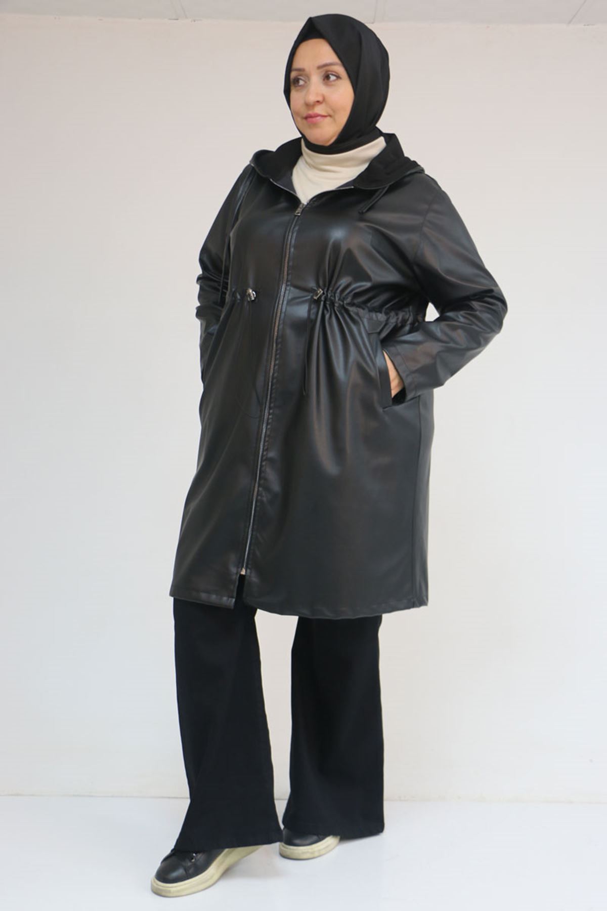 53055 Büyük Beden Bebe Lastik Detaylı Zara Deri Trençkot - Siyah