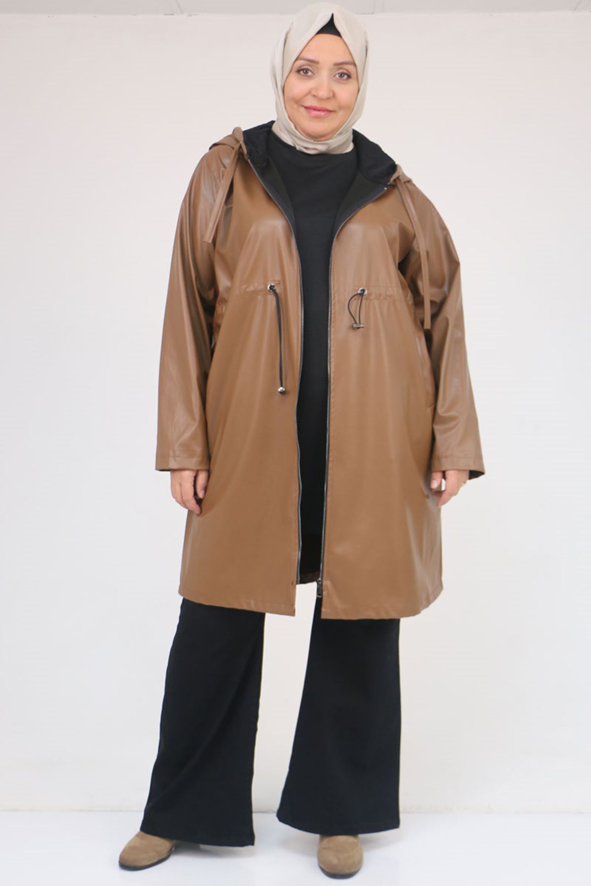 53055 Büyük Beden Bebe Lastik Detaylı Zara Deri Trençkot - Taba