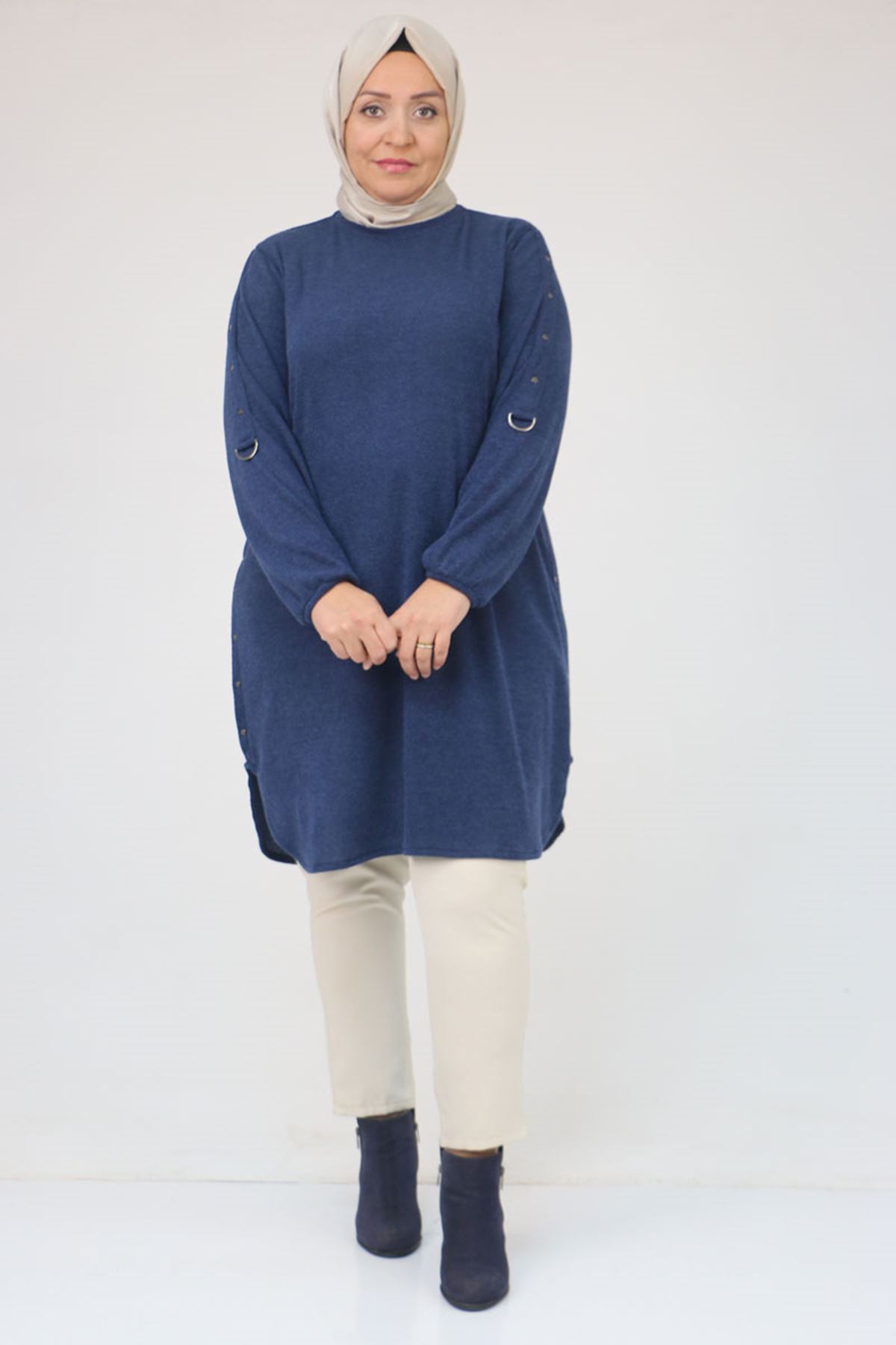 58131 Büyük Beden Kol Ve Etek Uçları Perçinli Mir Tunik - İndigo