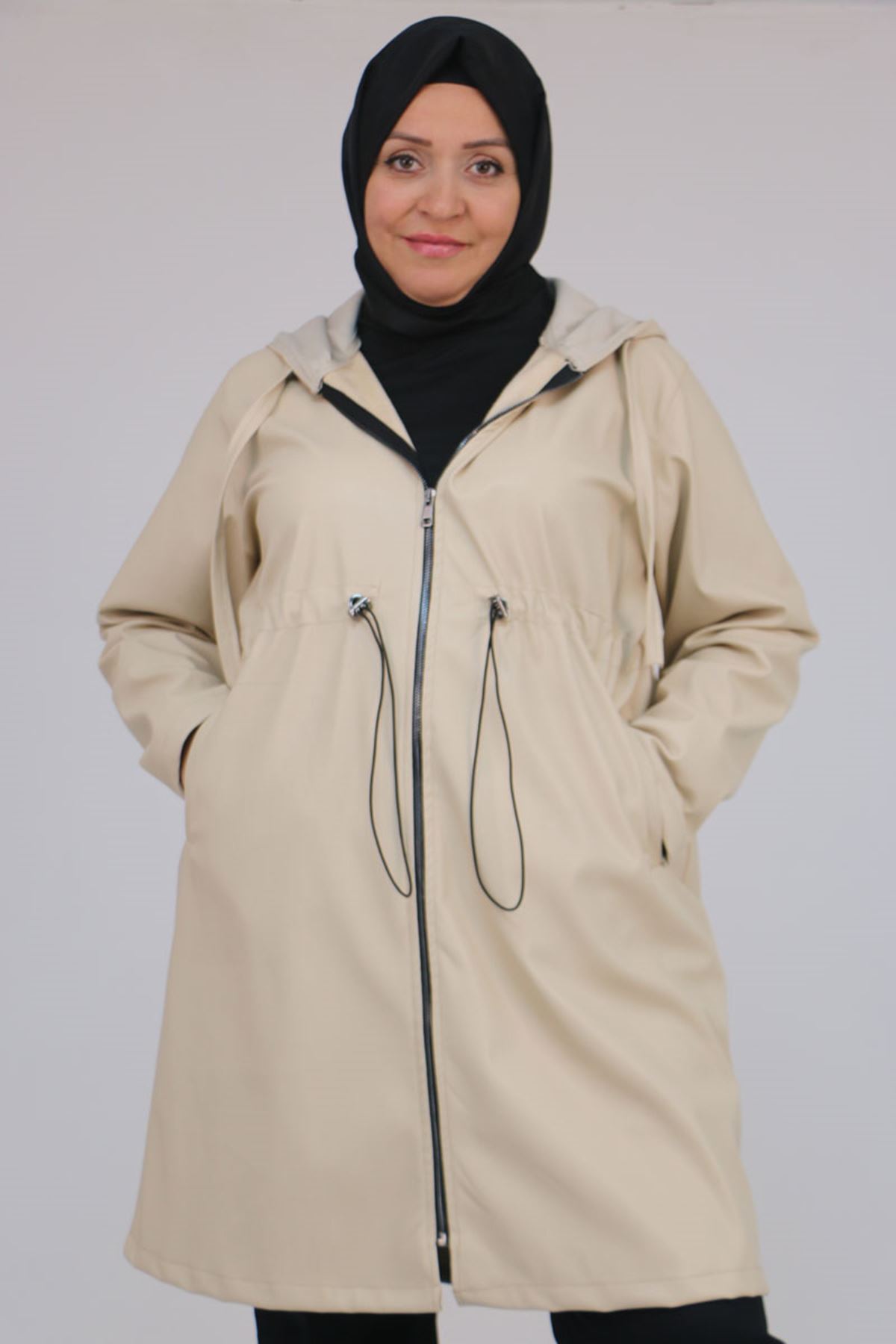 53055 Büyük Beden Bebe Lastik Detaylı Zara Deri Trençkot - Bej