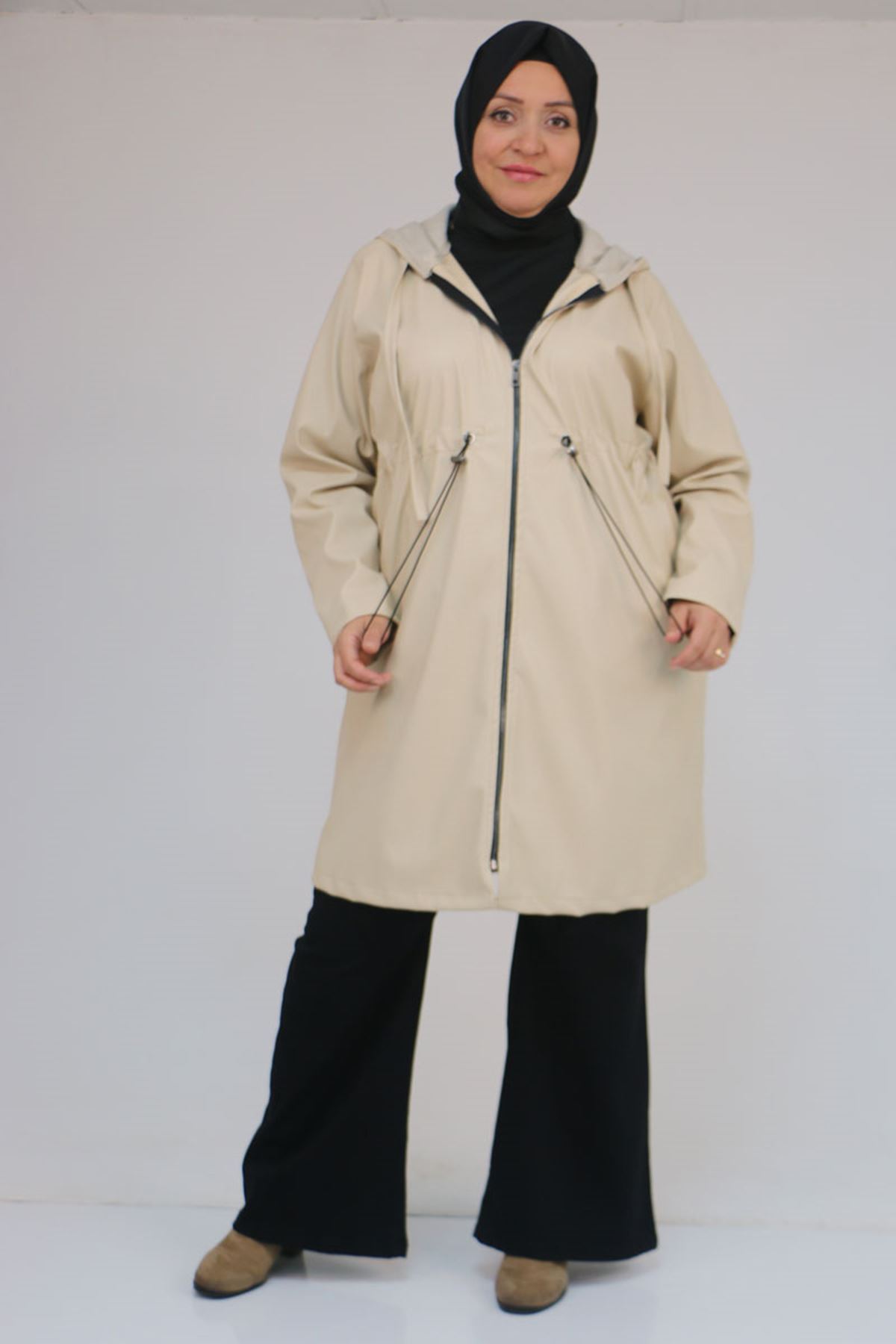 53055 Büyük Beden Bebe Lastik Detaylı Zara Deri Trençkot - Bej