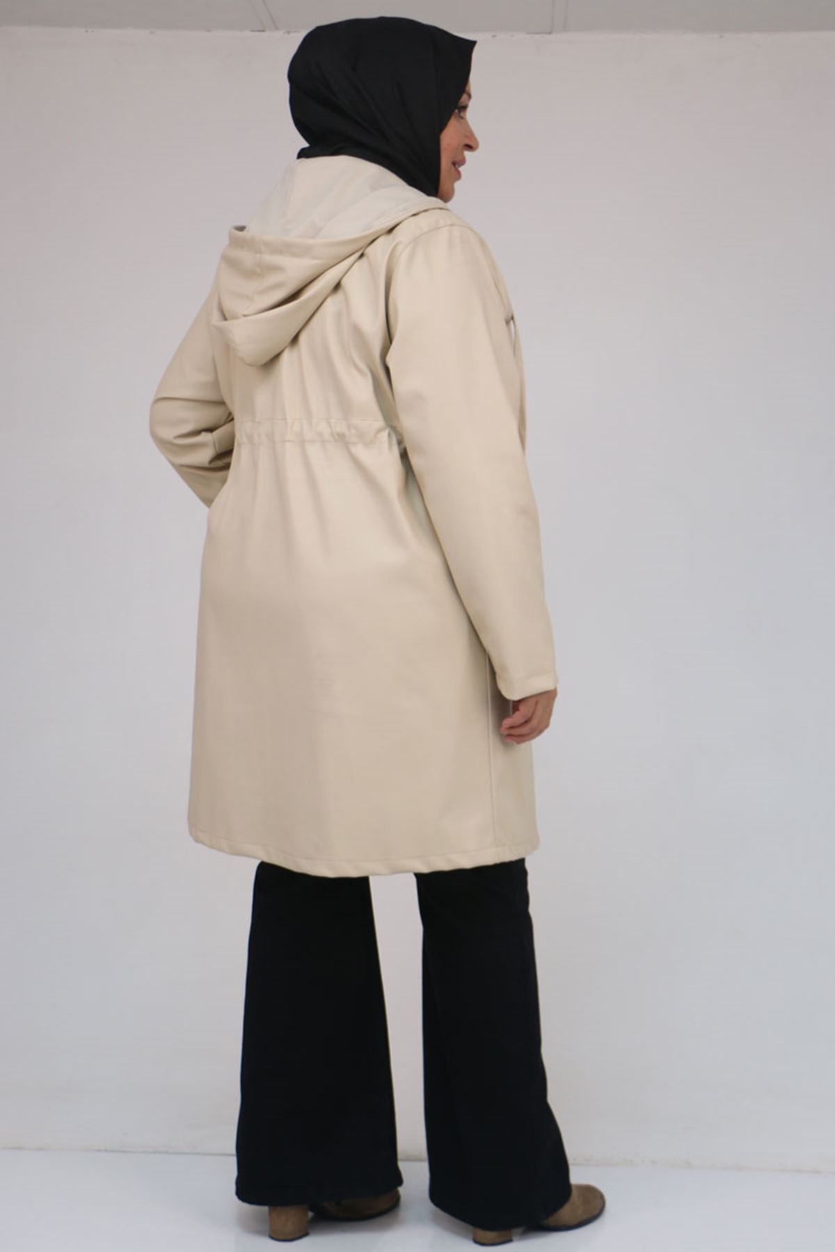 53055 Büyük Beden Bebe Lastik Detaylı Zara Deri Trençkot - Bej