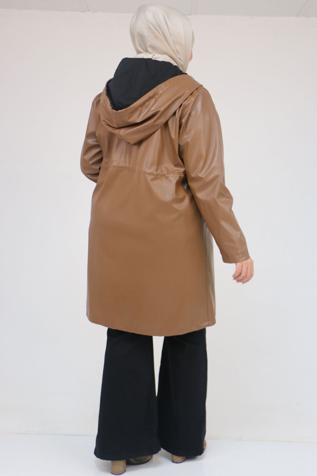 53055 Büyük Beden Bebe Lastik Detaylı Zara Deri Trençkot - Taba