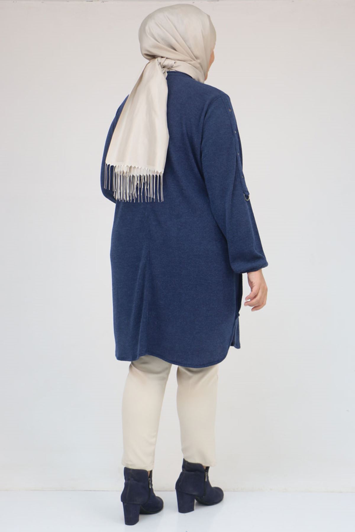 58131 Büyük Beden Kol Ve Etek Uçları Perçinli Mir Tunik - İndigo