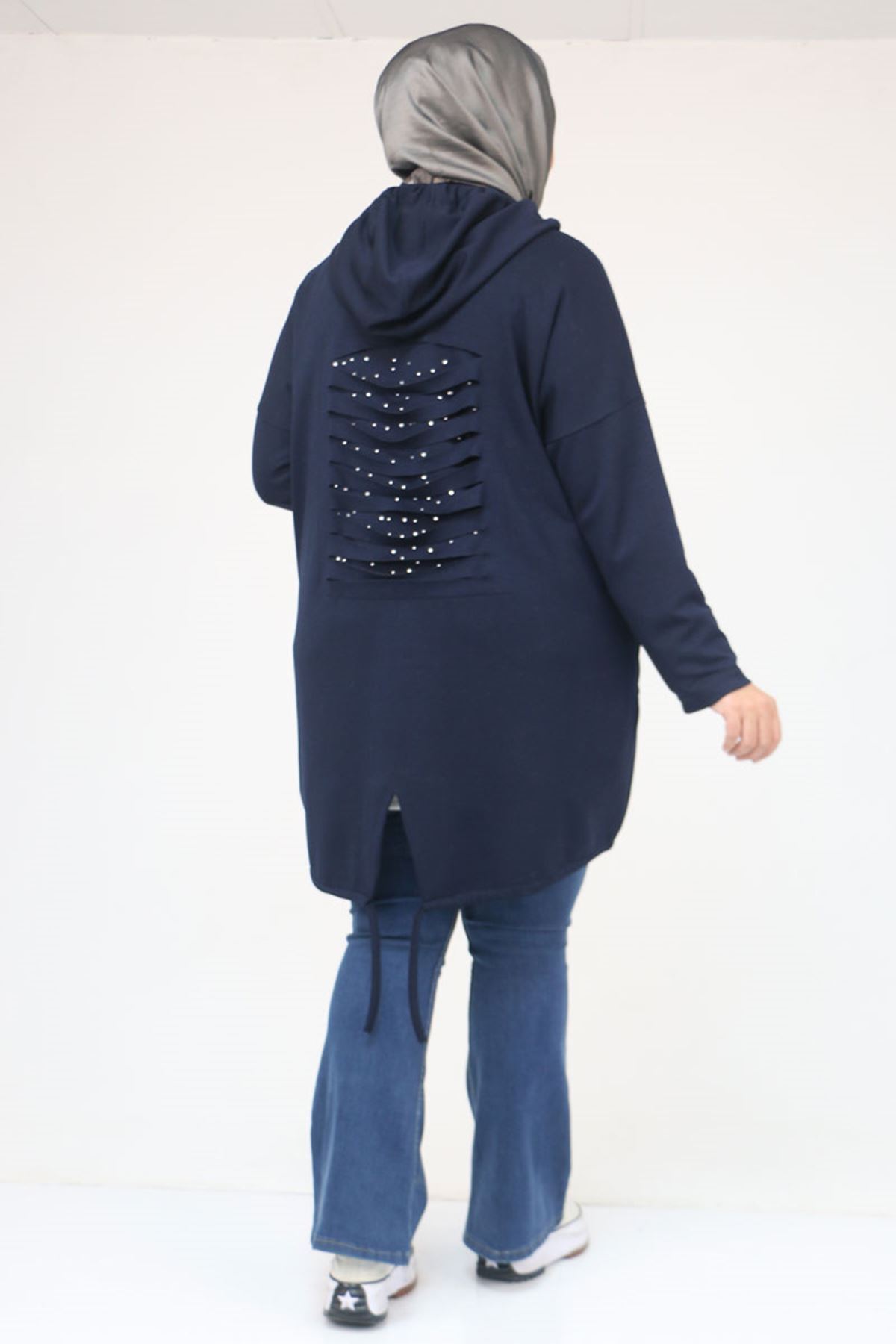 43068 Büyük Beden Eteği Oval Kesim Modal Ceket - Lacivert