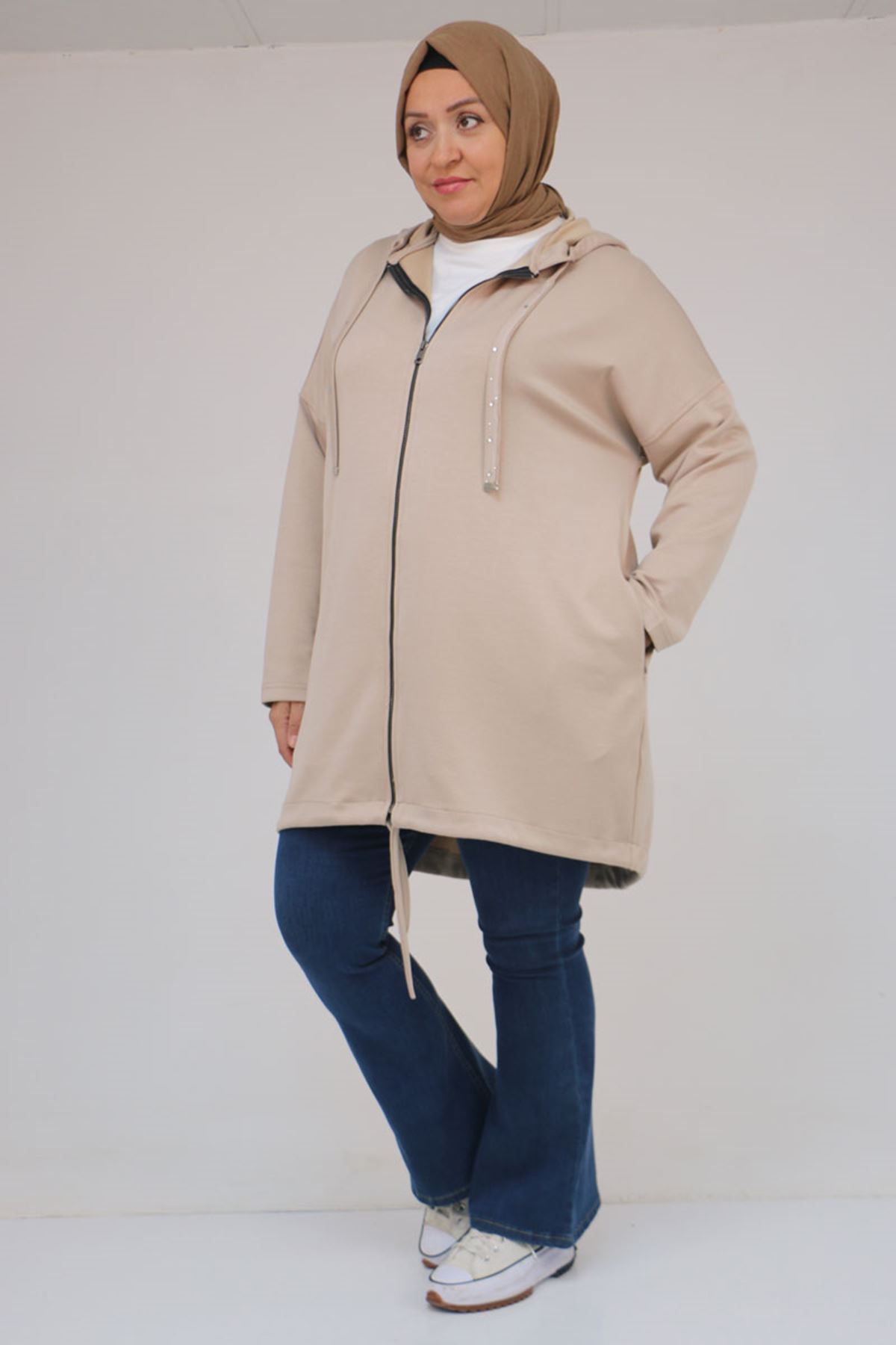 43068 Büyük Beden Eteği Oval Kesim Modal Ceket - Bej