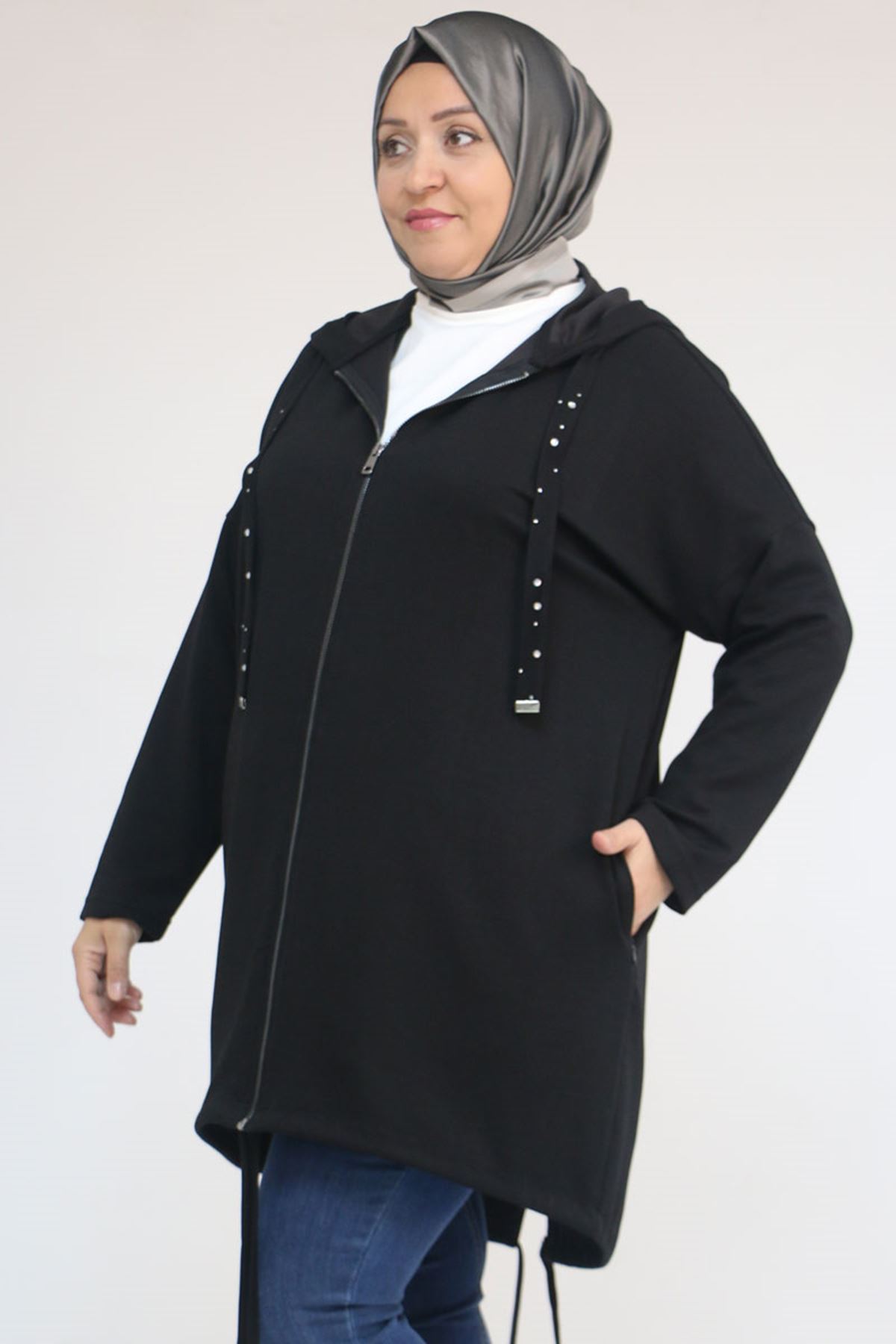 43068 Büyük Beden Eteği Oval Kesim Modal Ceket - Siyah
