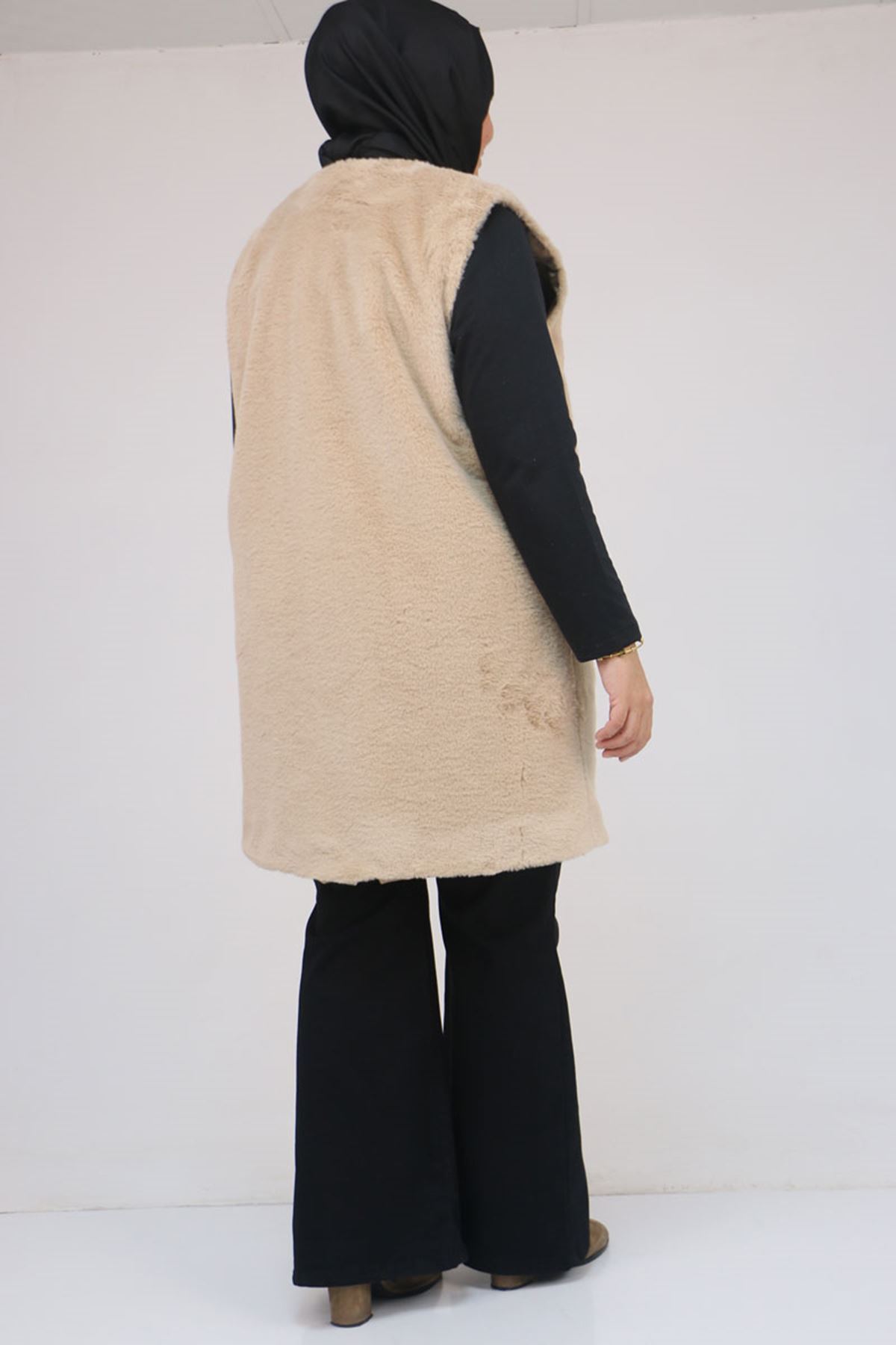 54013 Büyük Beden Cepli Rabbit Astarlı Yelek - Bej