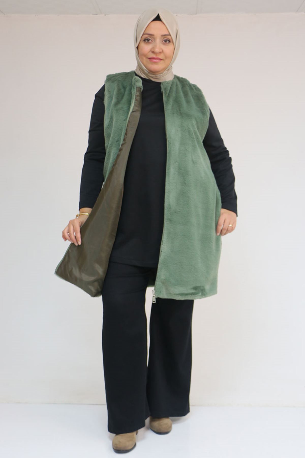 54013 Büyük Beden Cepli Rabbit Astarlı Yelek - Nefti