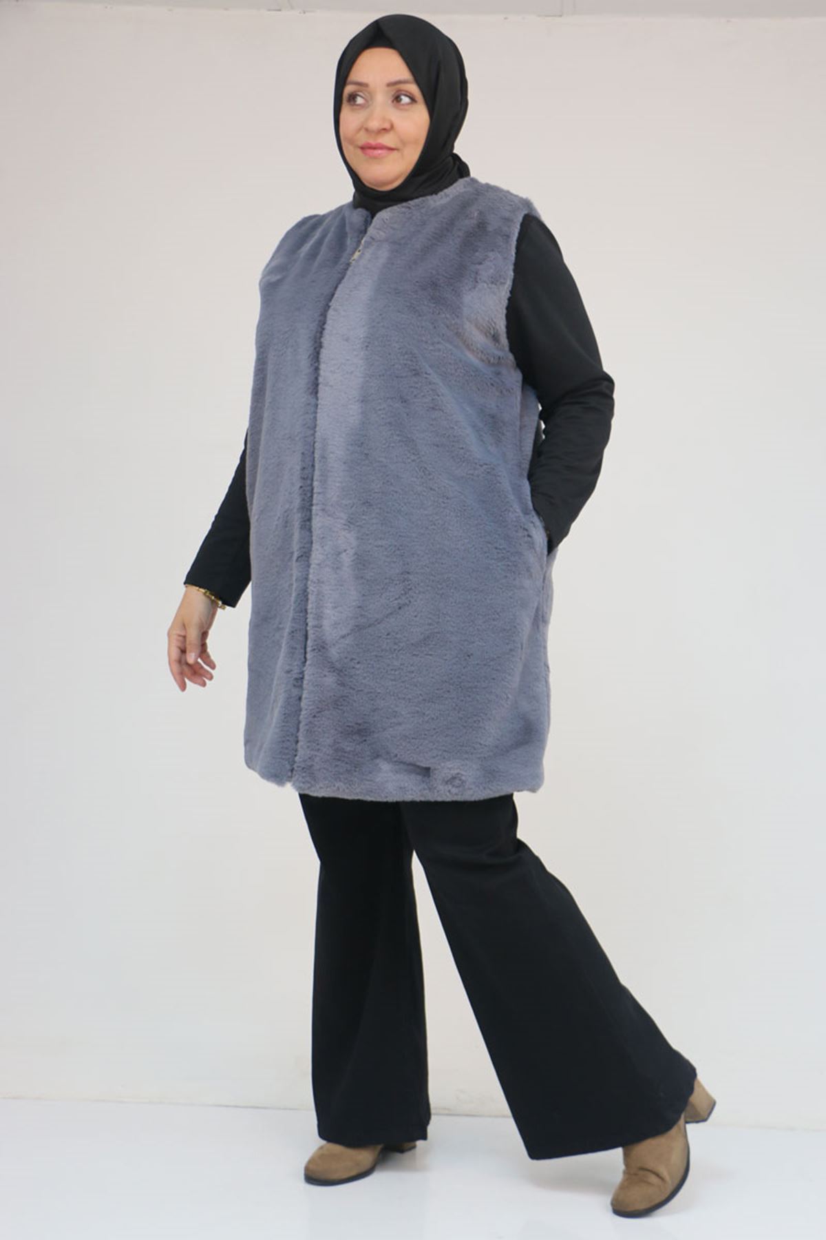 54013 Büyük Beden Cepli Rabbit Astarlı Yelek - Gri