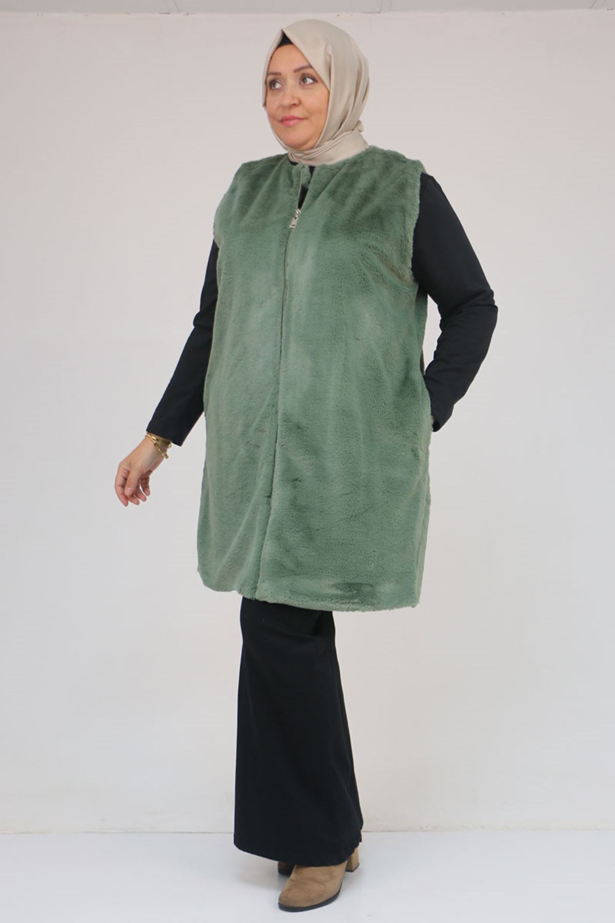 54013 Büyük Beden Cepli Rabbit Astarlı Yelek - Nefti