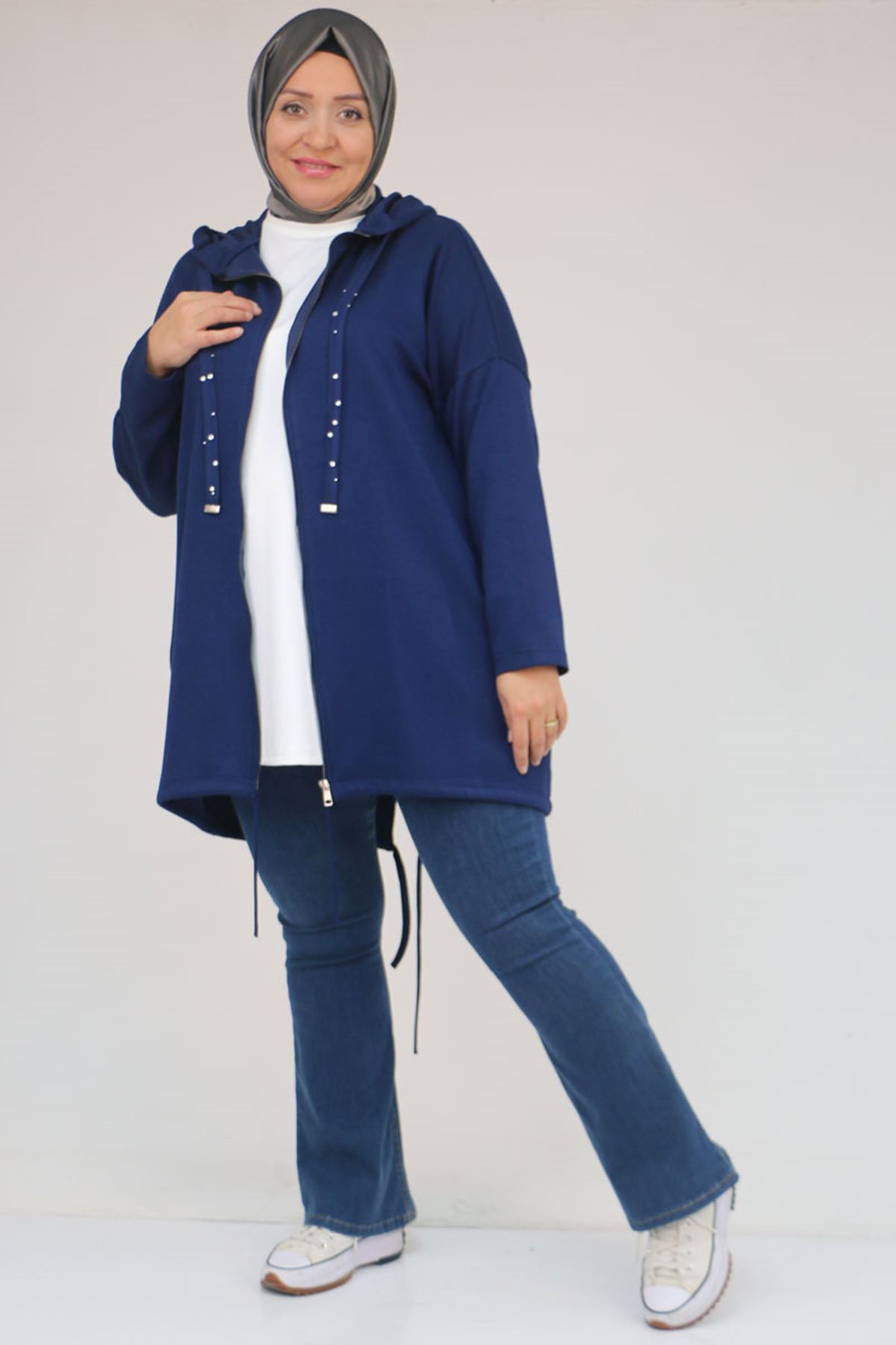 43068 Büyük Beden Eteği Oval Kesim Modal Ceket - İndigo