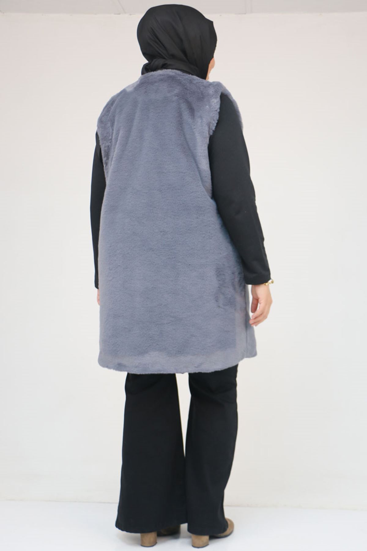 54013 Büyük Beden Cepli Rabbit Astarlı Yelek - Gri