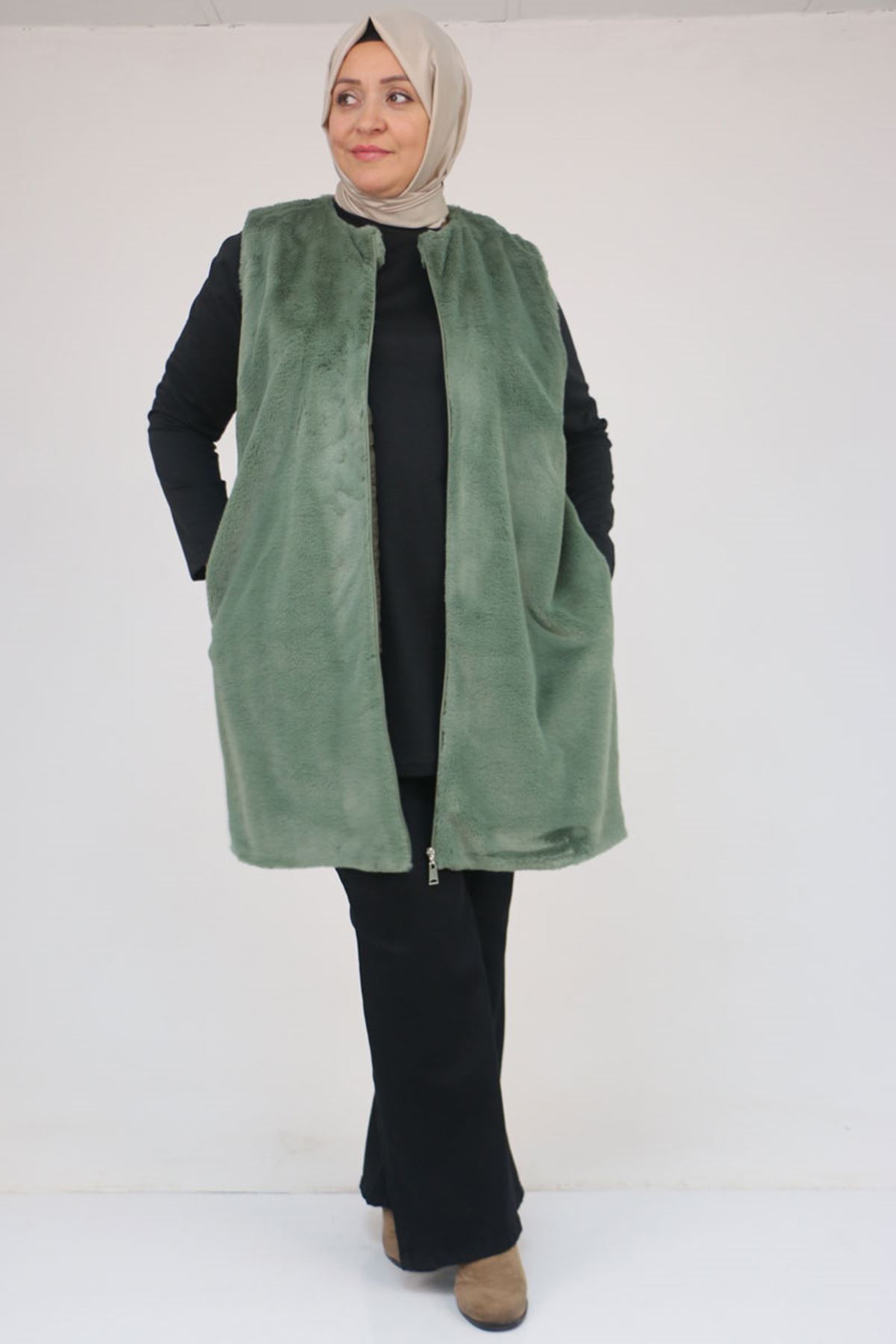 54013 Büyük Beden Cepli Rabbit Astarlı Yelek - Nefti