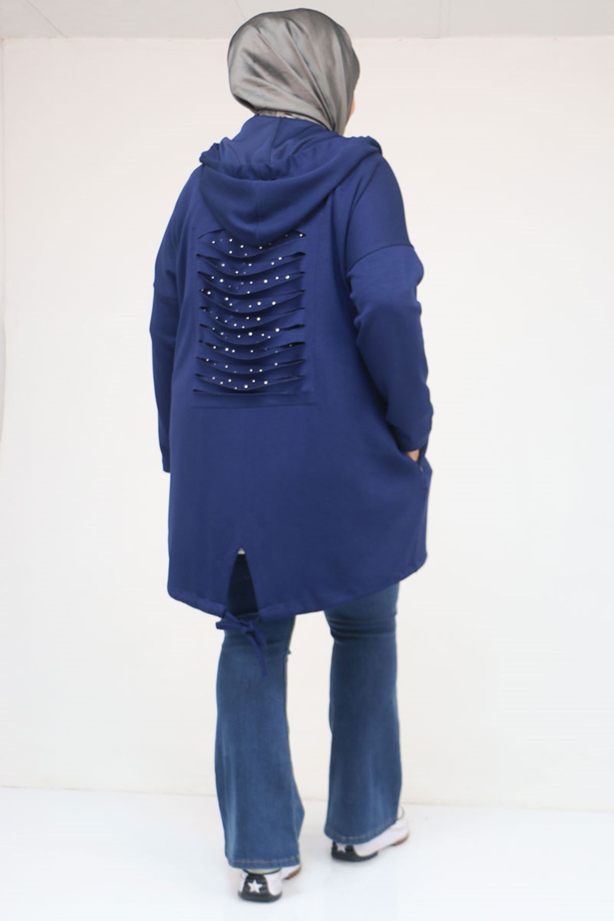 43068 Büyük Beden Eteği Oval Kesim Modal Ceket - İndigo