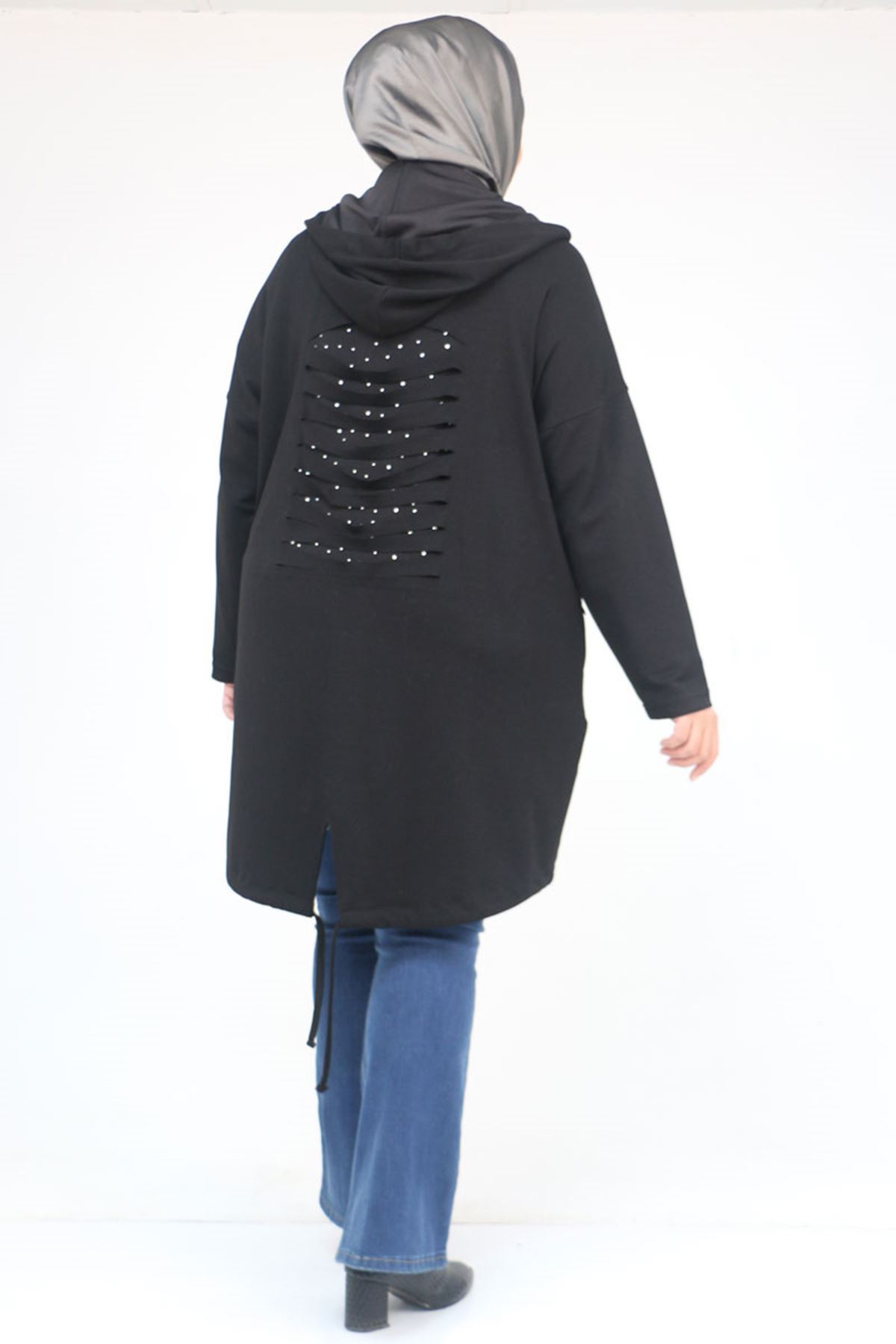 43068 Büyük Beden Eteği Oval Kesim Modal Ceket - Siyah