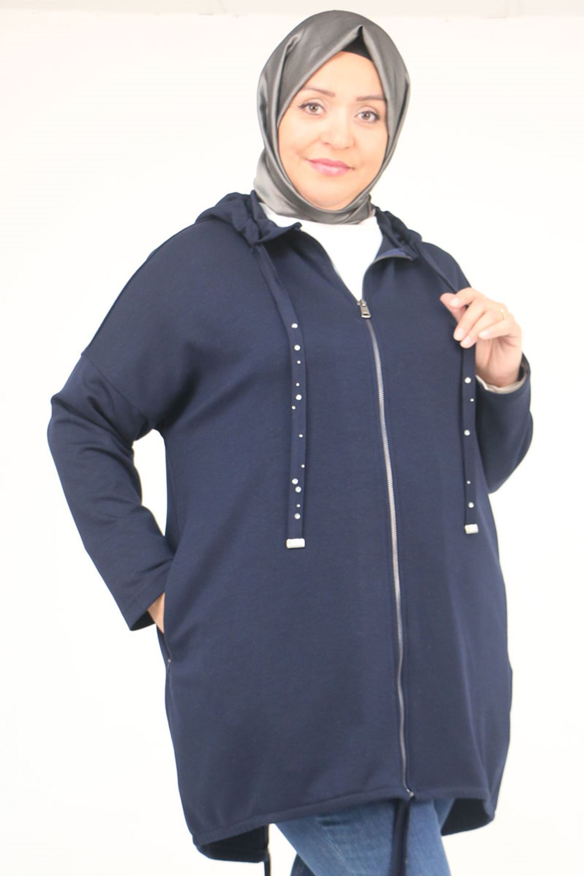 43068 Büyük Beden Eteği Oval Kesim Modal Ceket - Lacivert