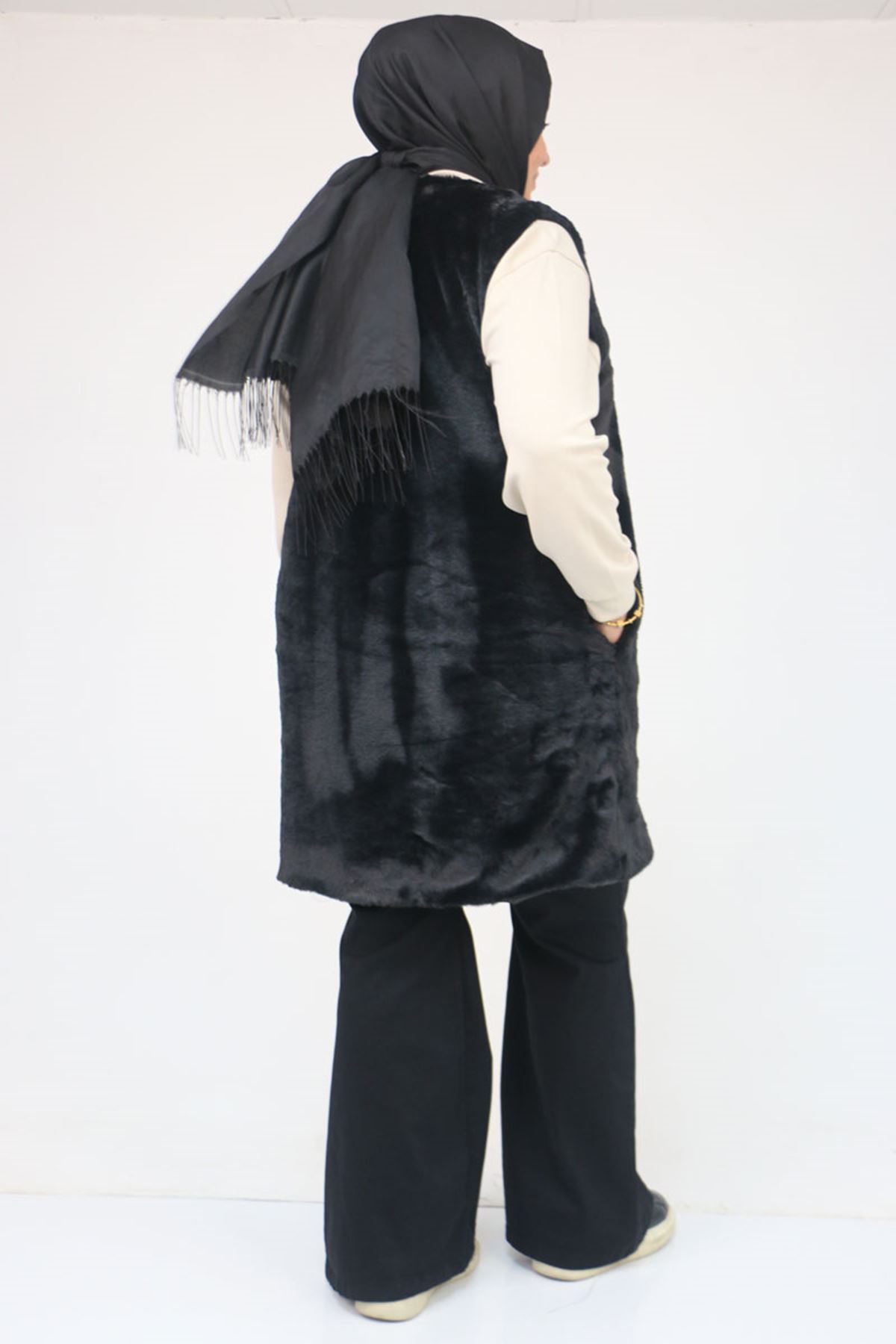 54013 Büyük Beden Cepli Rabbit Astarlı Yelek - Siyah