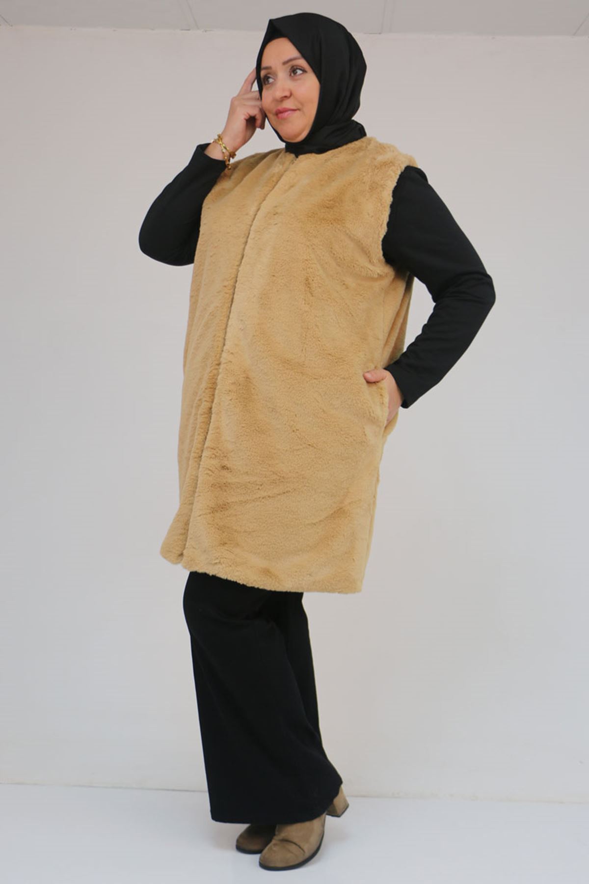 54013 Büyük Beden Cepli Rabbit Astarlı Yelek - Taba