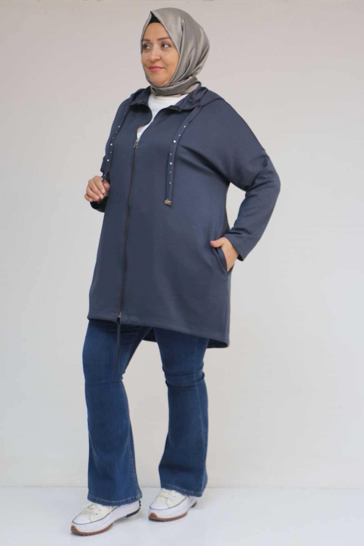 43068 Büyük Beden Eteği Oval Kesim Modal Ceket - Antrasit