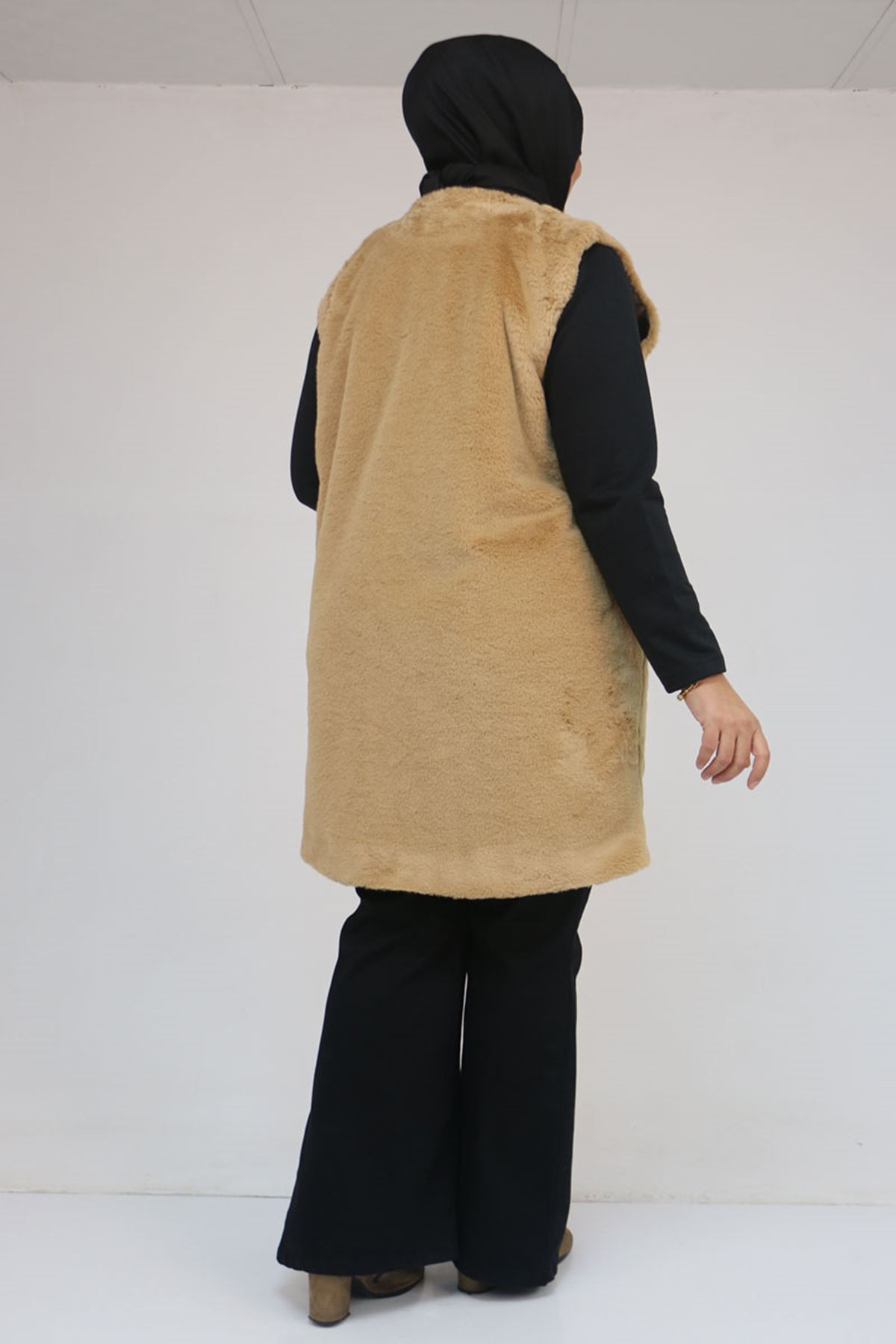 54013 Büyük Beden Cepli Rabbit Astarlı Yelek - Taba