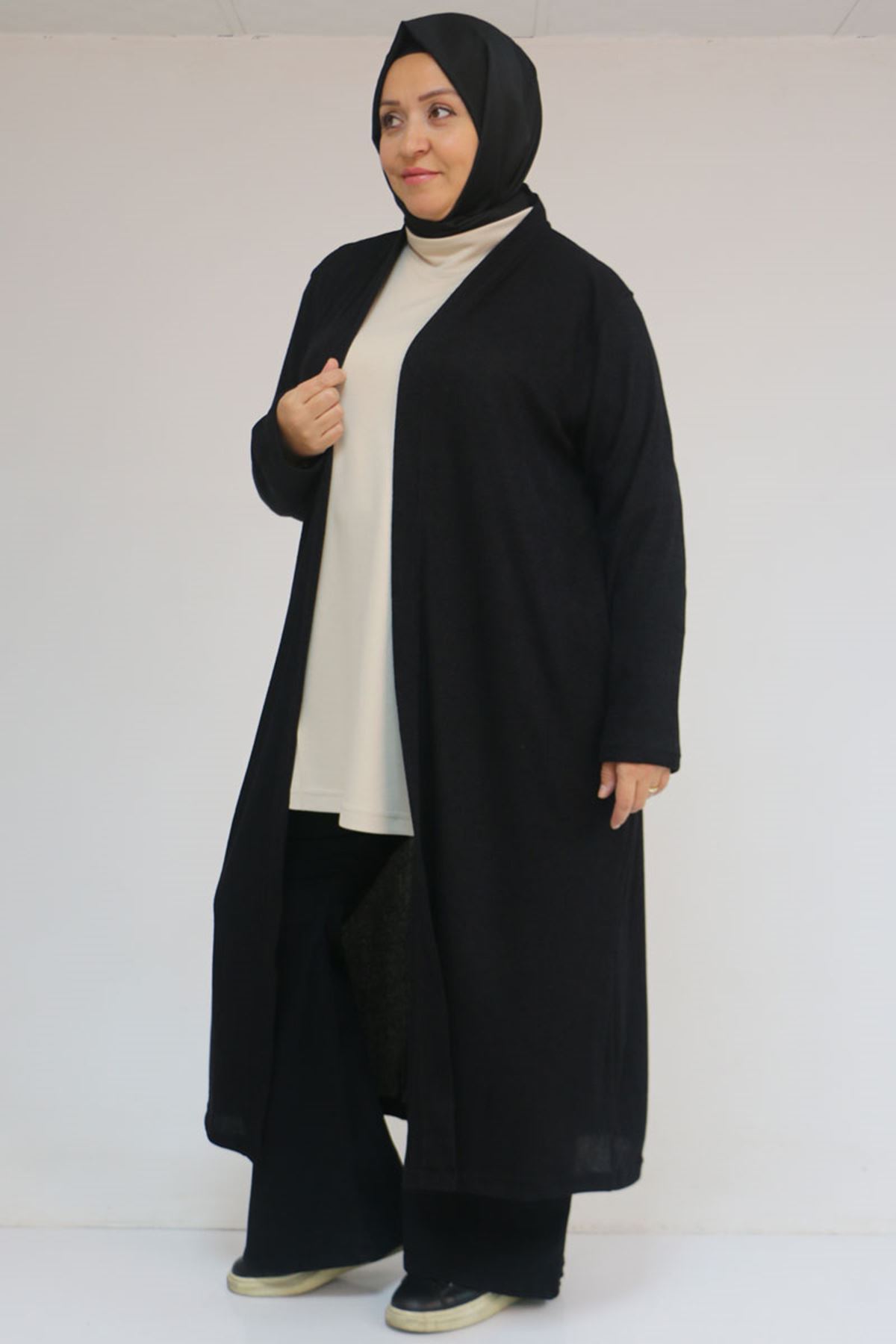 53061 Büyük Beden Cepli Uzun Mir Ceket - Siyah