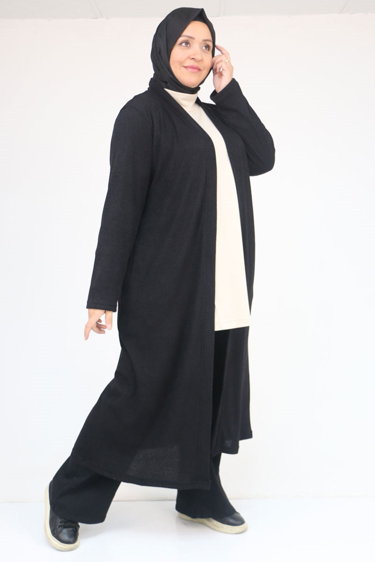 53061 Büyük Beden Cepli Uzun Mir Ceket - Siyah