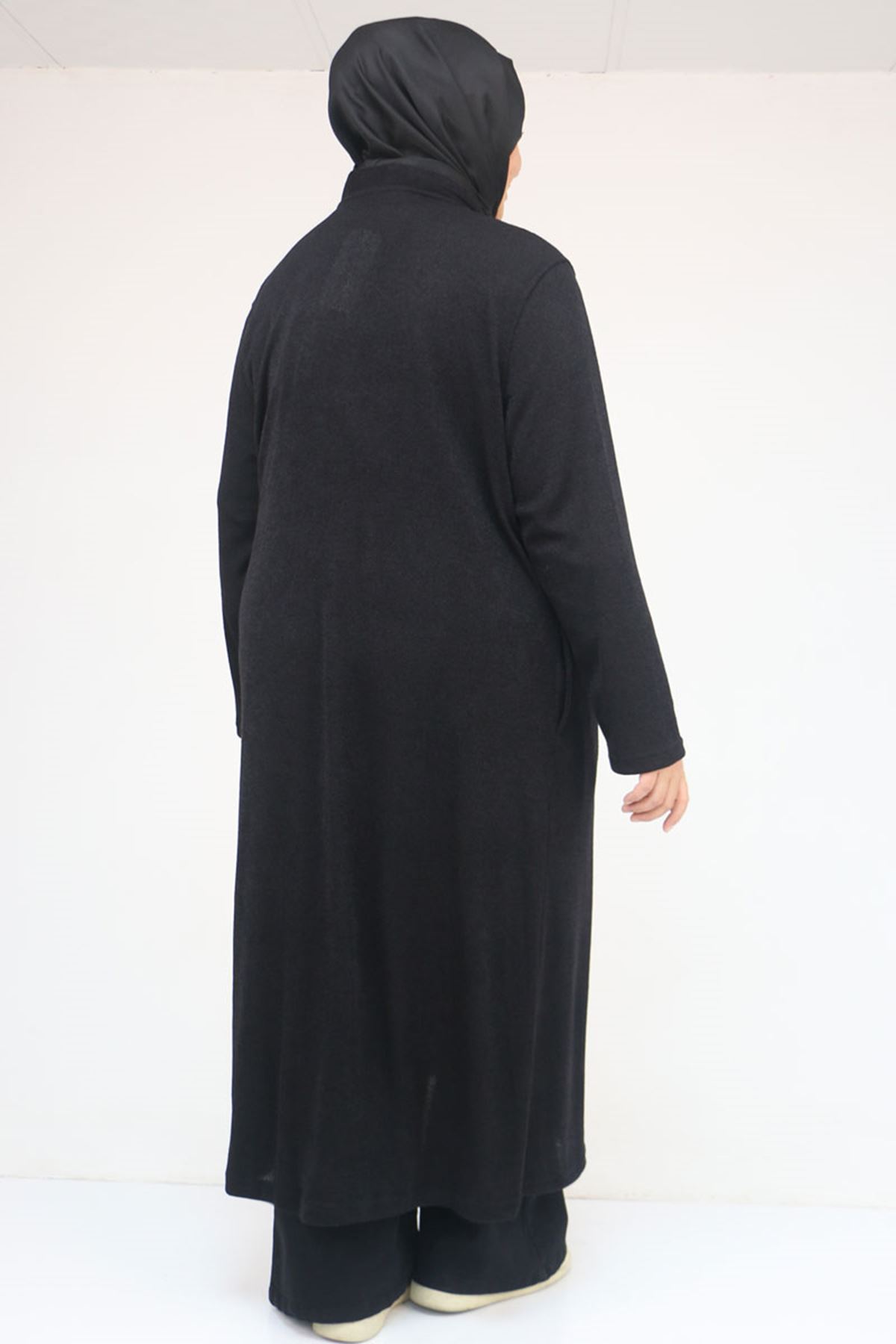 53061 Büyük Beden Cepli Uzun Mir Ceket - Siyah