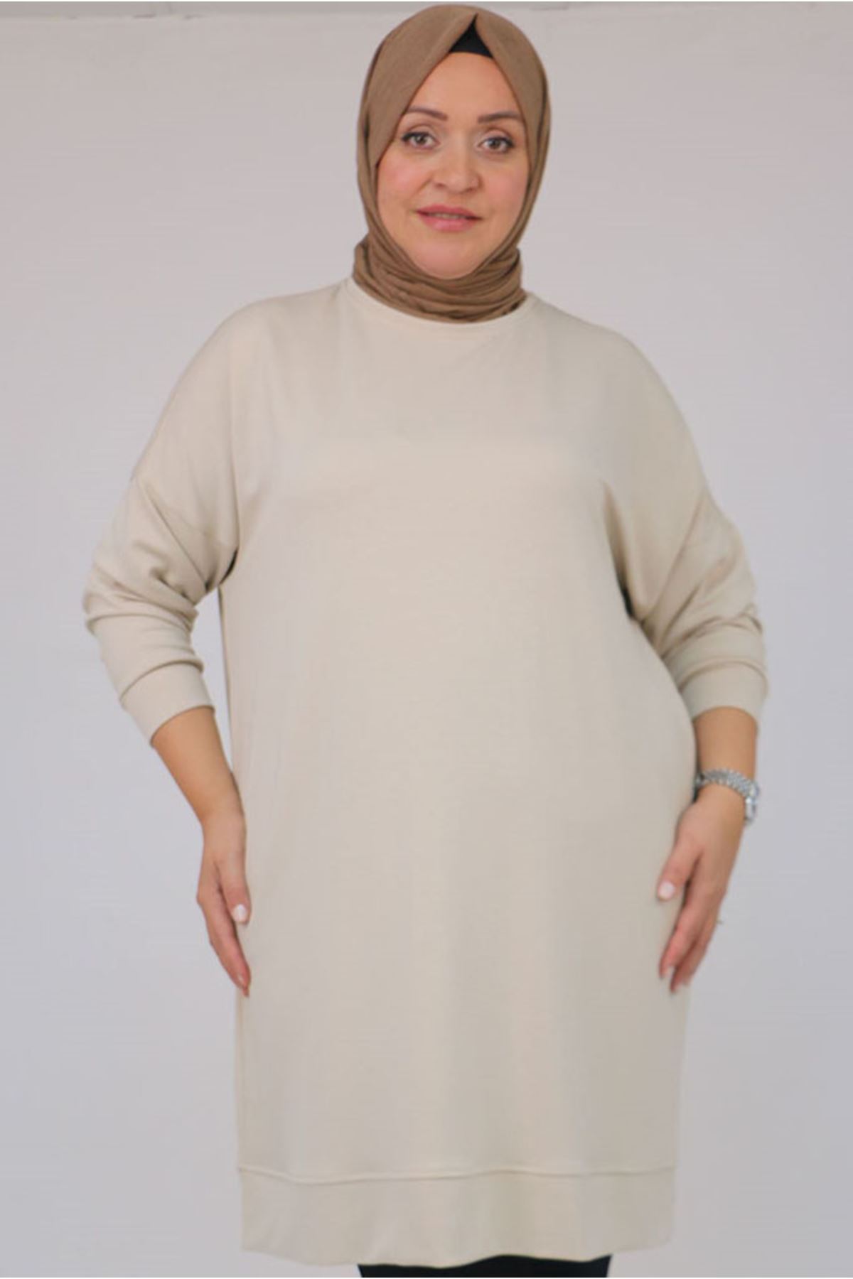 26K58151 - BEJ - Büyük Beden Kol Ve Etek Ucu Kendinden Ribanalı Modal Tunik