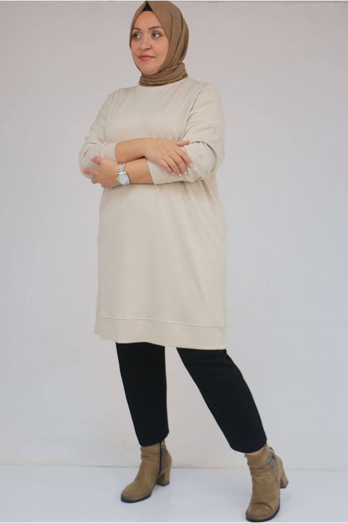 26K58151 - BEJ - Büyük Beden Kol Ve Etek Ucu Kendinden Ribanalı Modal Tunik