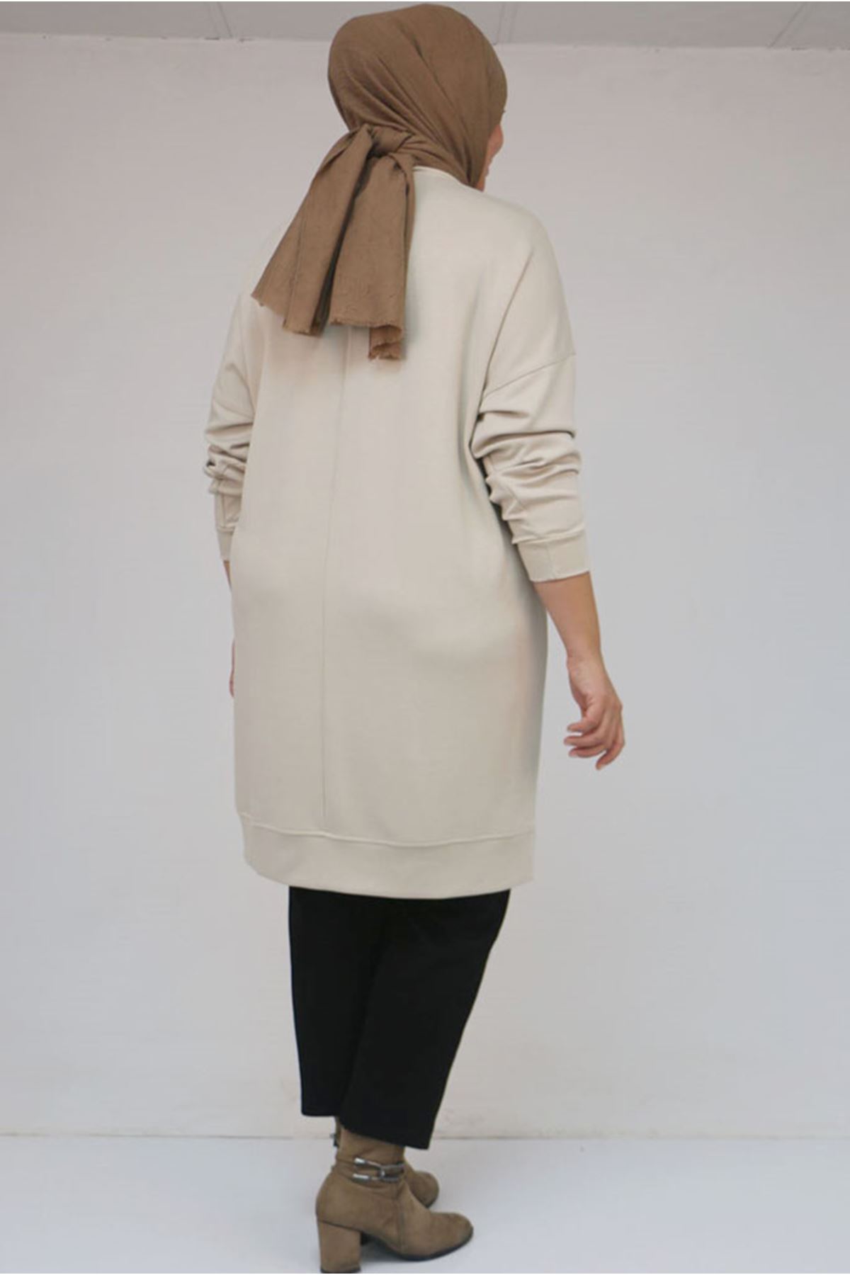 26K58151 - BEJ - Büyük Beden Kol Ve Etek Ucu Kendinden Ribanalı Modal Tunik