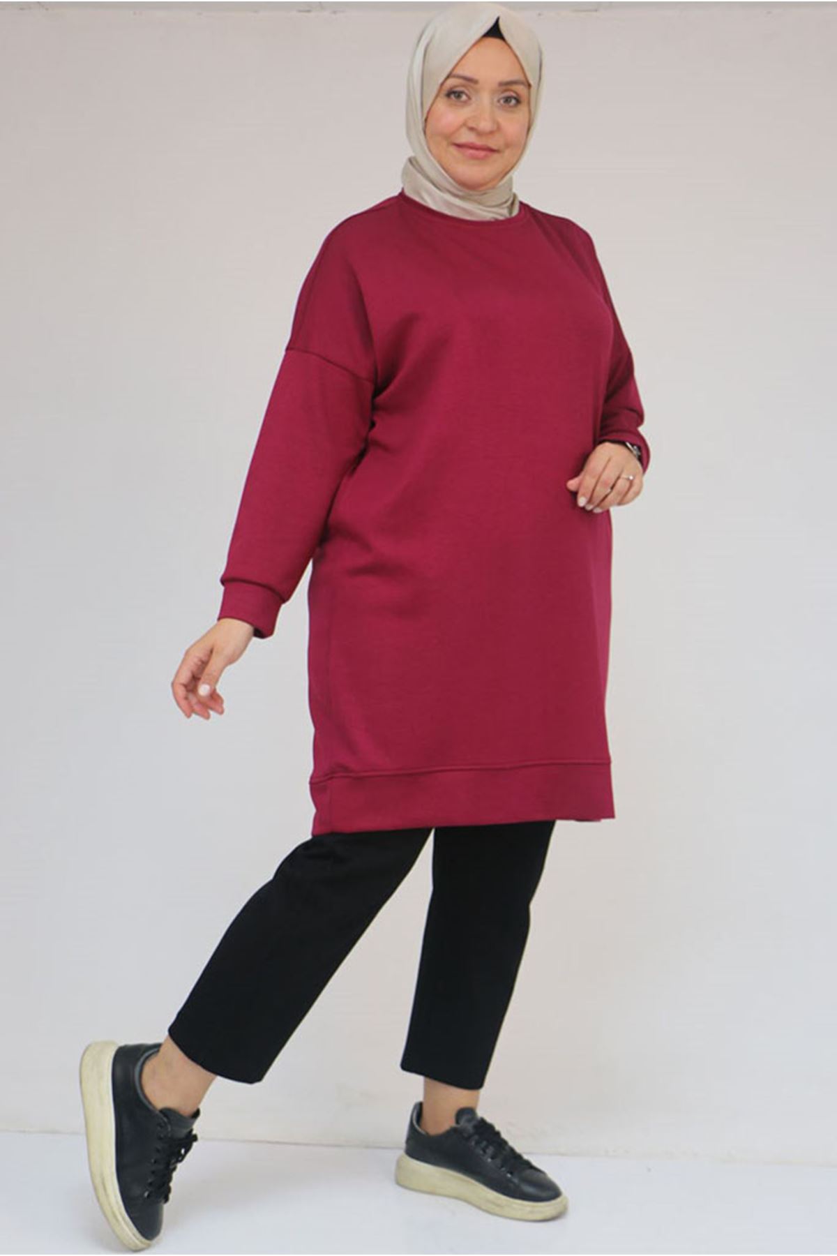 26K58151 - FUŞYA - Büyük Beden Kol Ve Etek Ucu Kendinden Ribanalı Modal Tunik