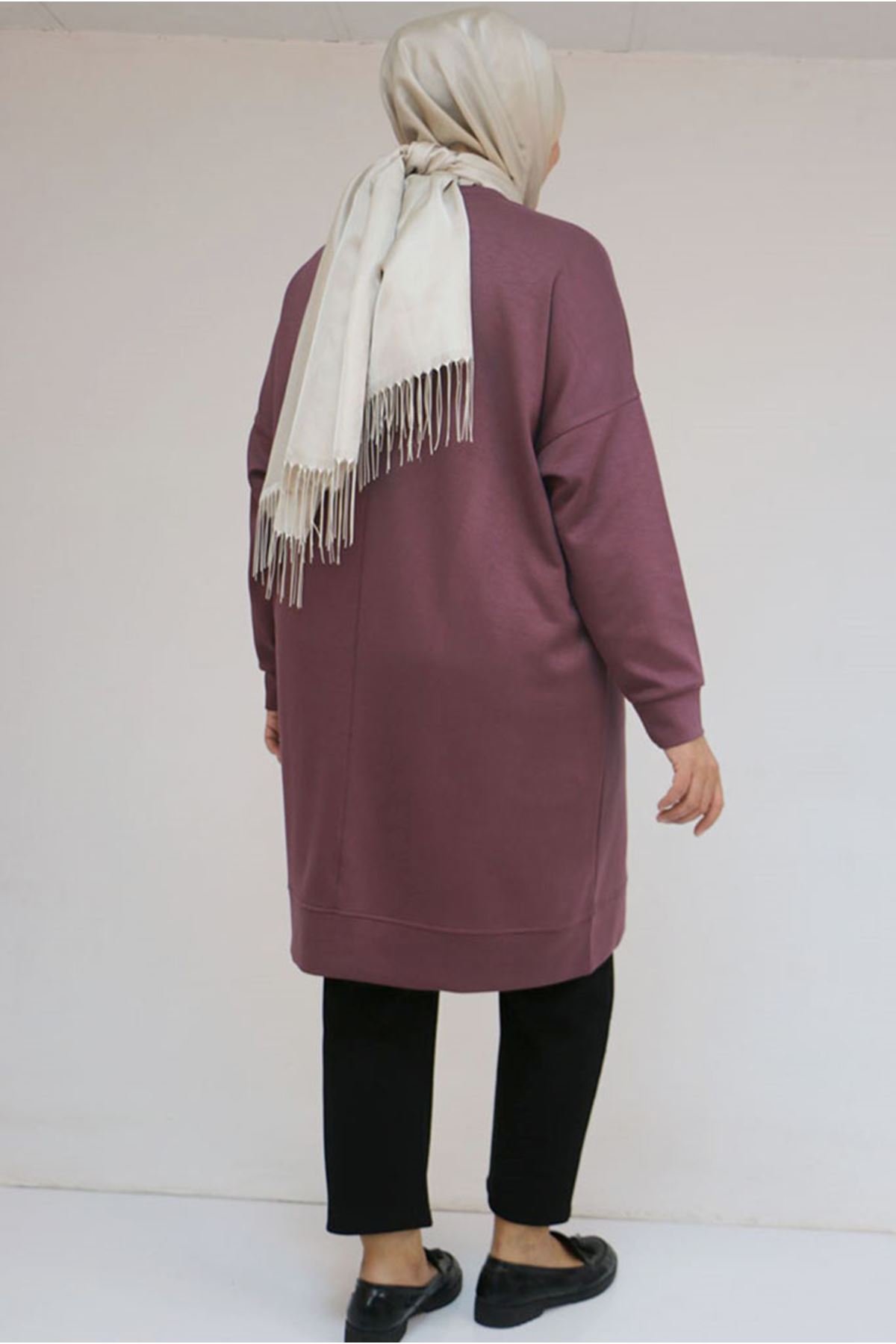 26K58151 - GÜL KURUSU - Büyük Beden Kol Ve Etek Ucu Kendinden Ribanalı Modal Tunik 