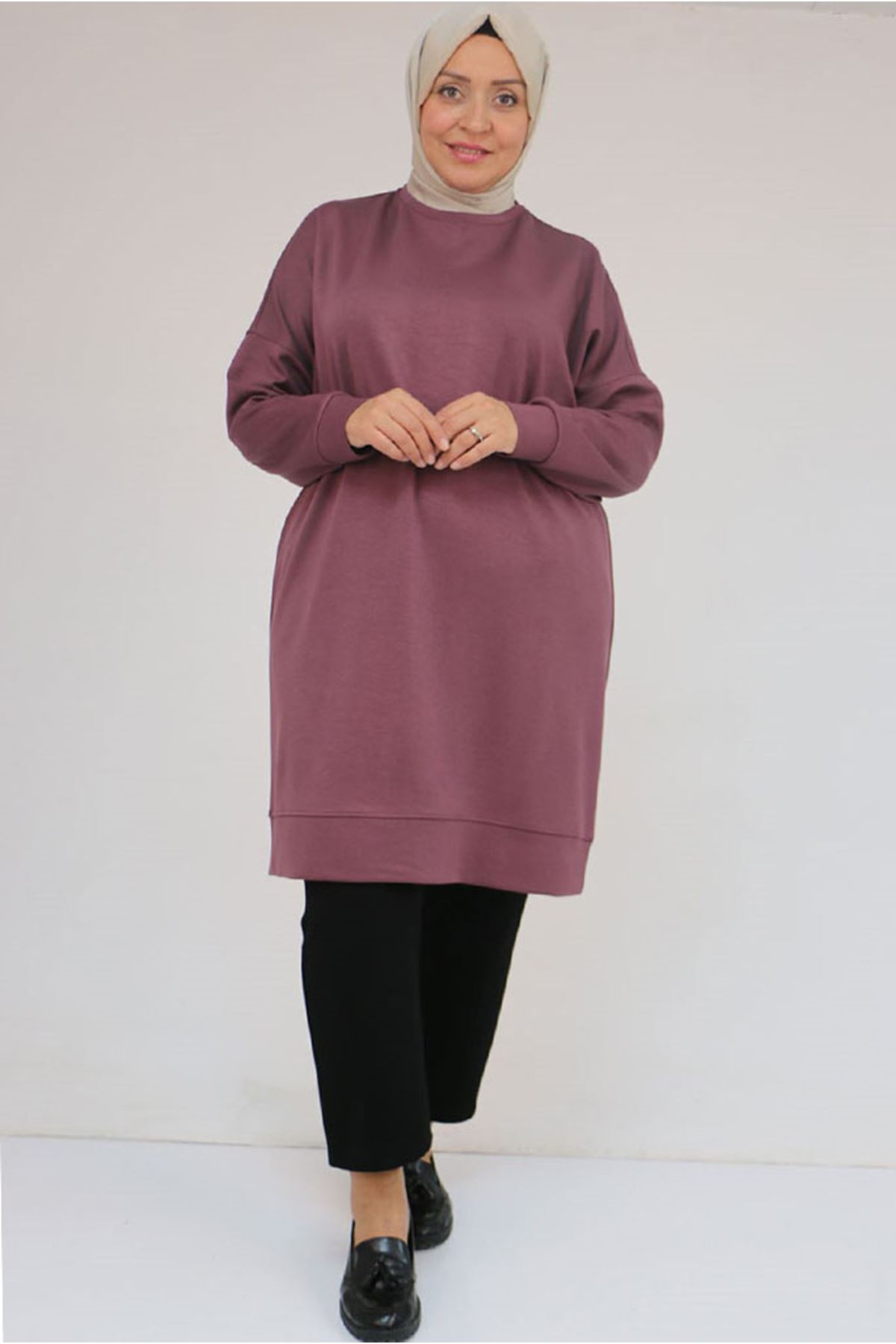 26K58151 - GÜL KURUSU - Büyük Beden Kol Ve Etek Ucu Kendinden Ribanalı Modal Tunik 