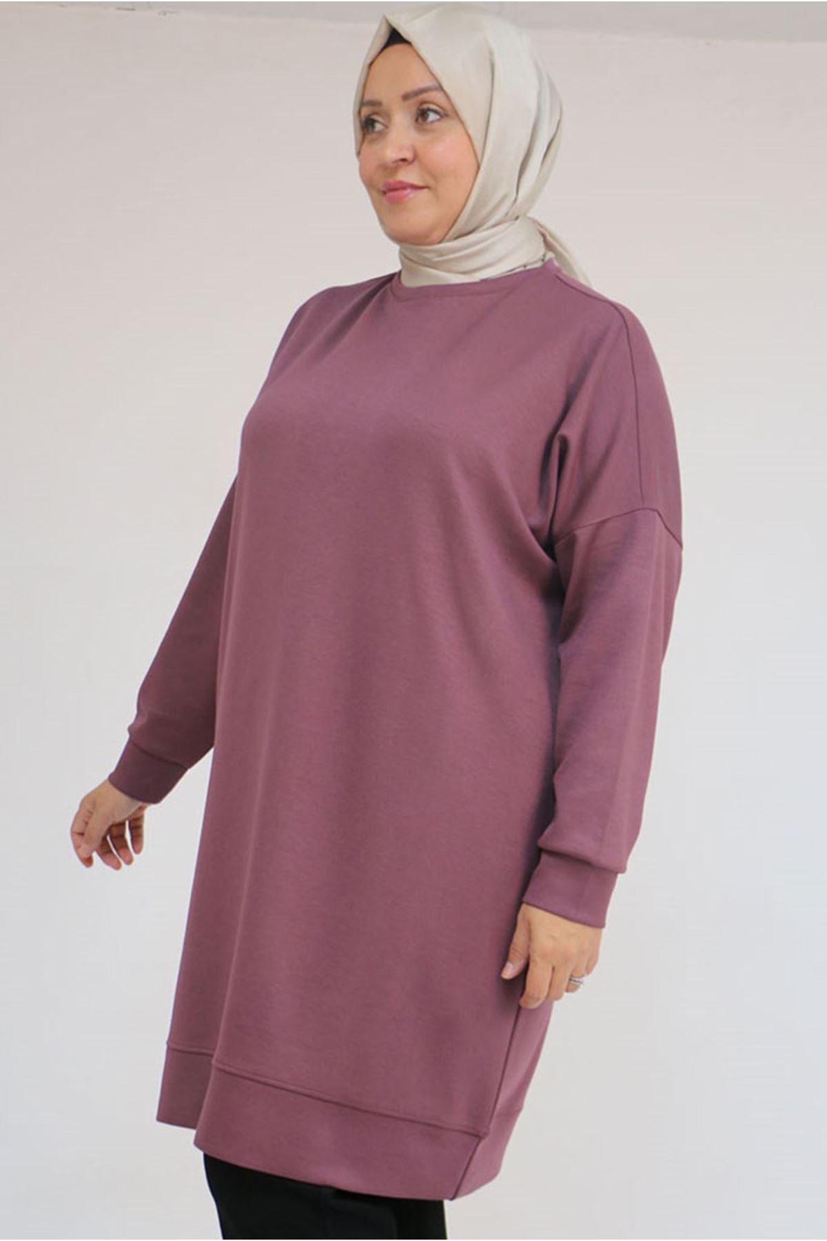 26K58151 - GÜL KURUSU - Büyük Beden Kol Ve Etek Ucu Kendinden Ribanalı Modal Tunik 