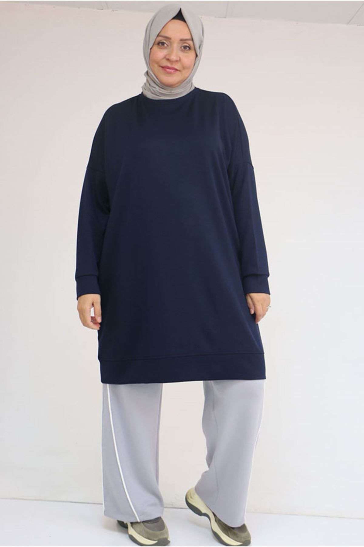 26K58151 - LACİVERT - Büyük Beden Kol Ve Etek Ucu Kendinden Ribanalı Modal Tunik