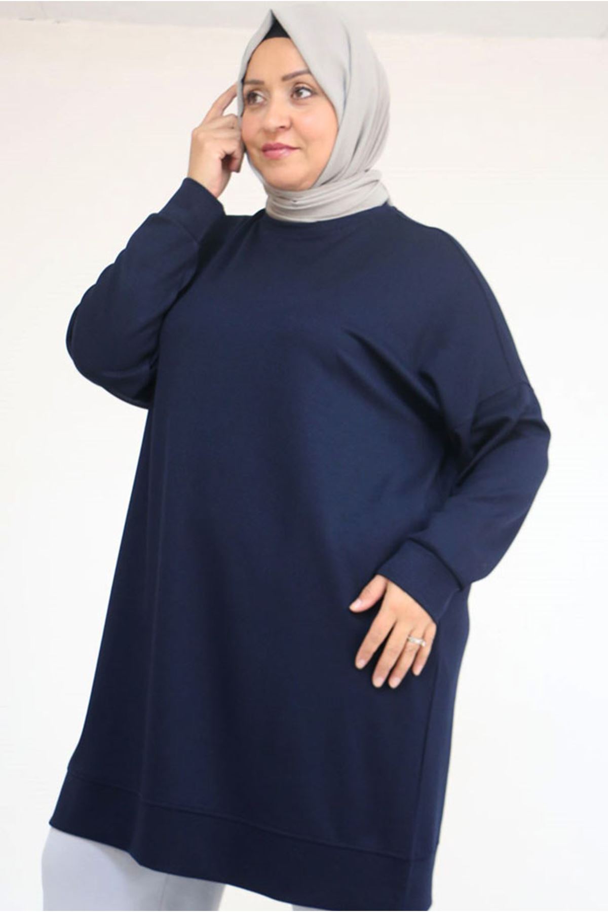 26K58151 - LACİVERT - Büyük Beden Kol Ve Etek Ucu Kendinden Ribanalı Modal Tunik