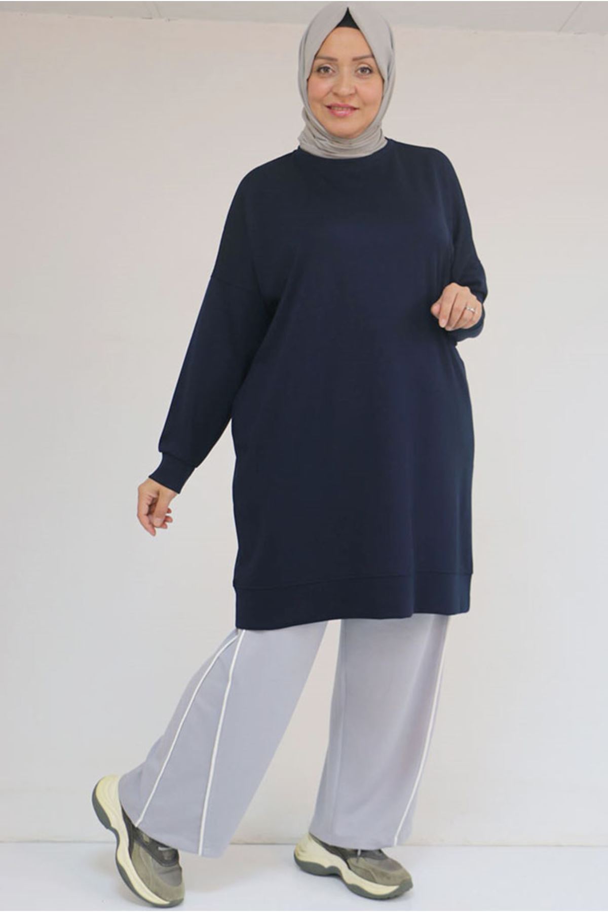 26K58151 - LACİVERT - Büyük Beden Kol Ve Etek Ucu Kendinden Ribanalı Modal Tunik