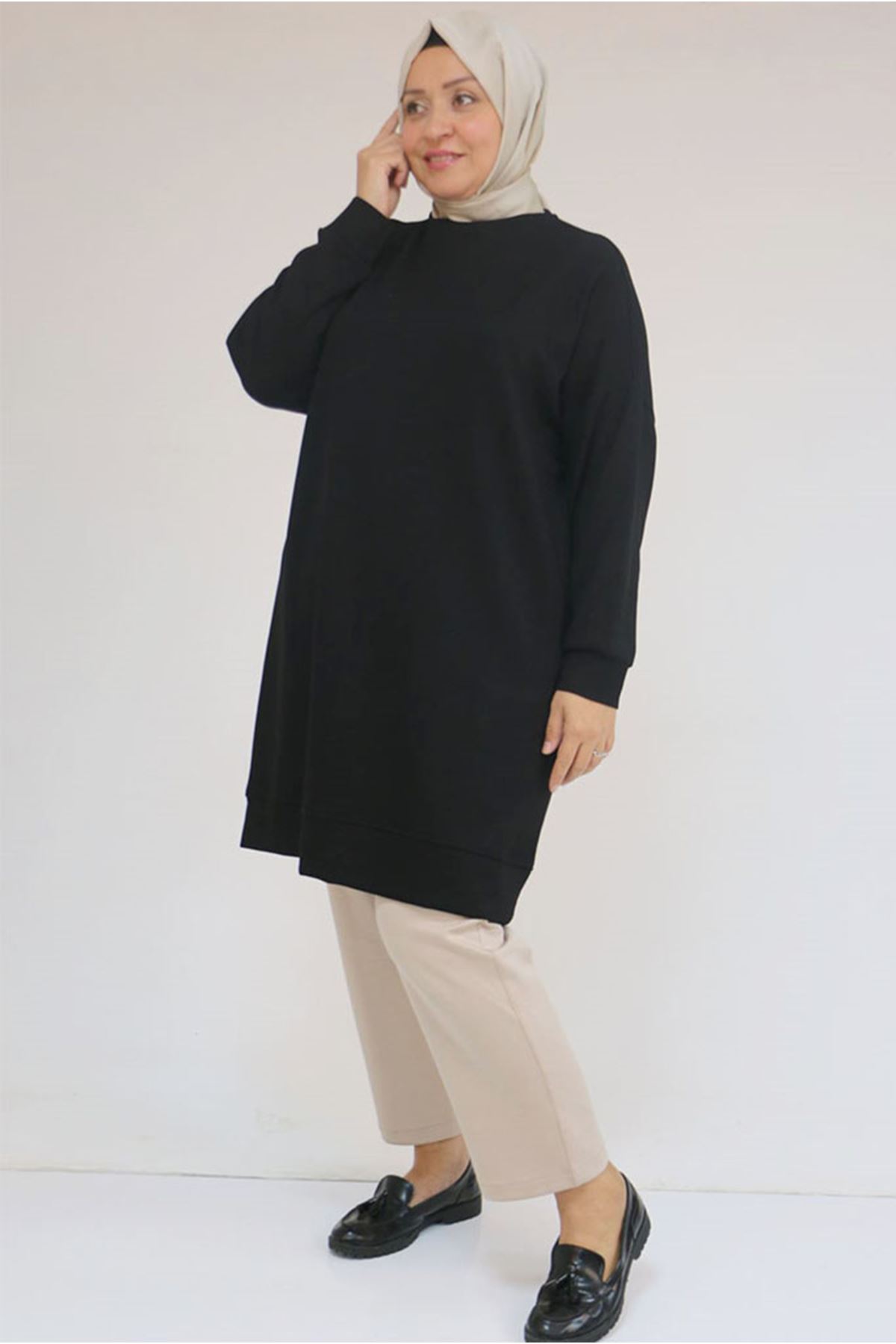26K58151 - SİYAH - Büyük Beden Kol Ve Etek Ucu Kendinden Ribanalı Modal Tunik