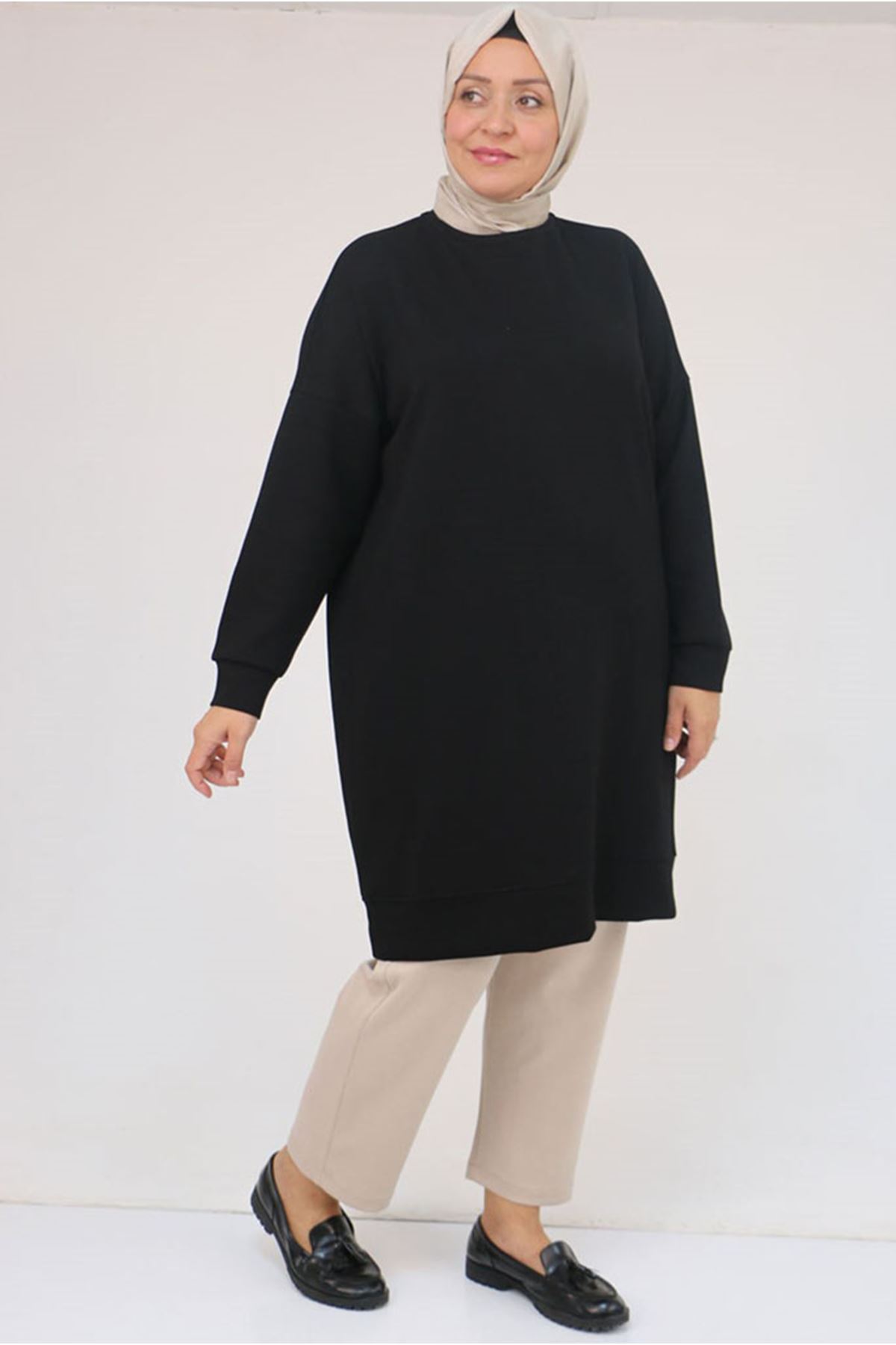 26K58151 - SİYAH - Büyük Beden Kol Ve Etek Ucu Kendinden Ribanalı Modal Tunik