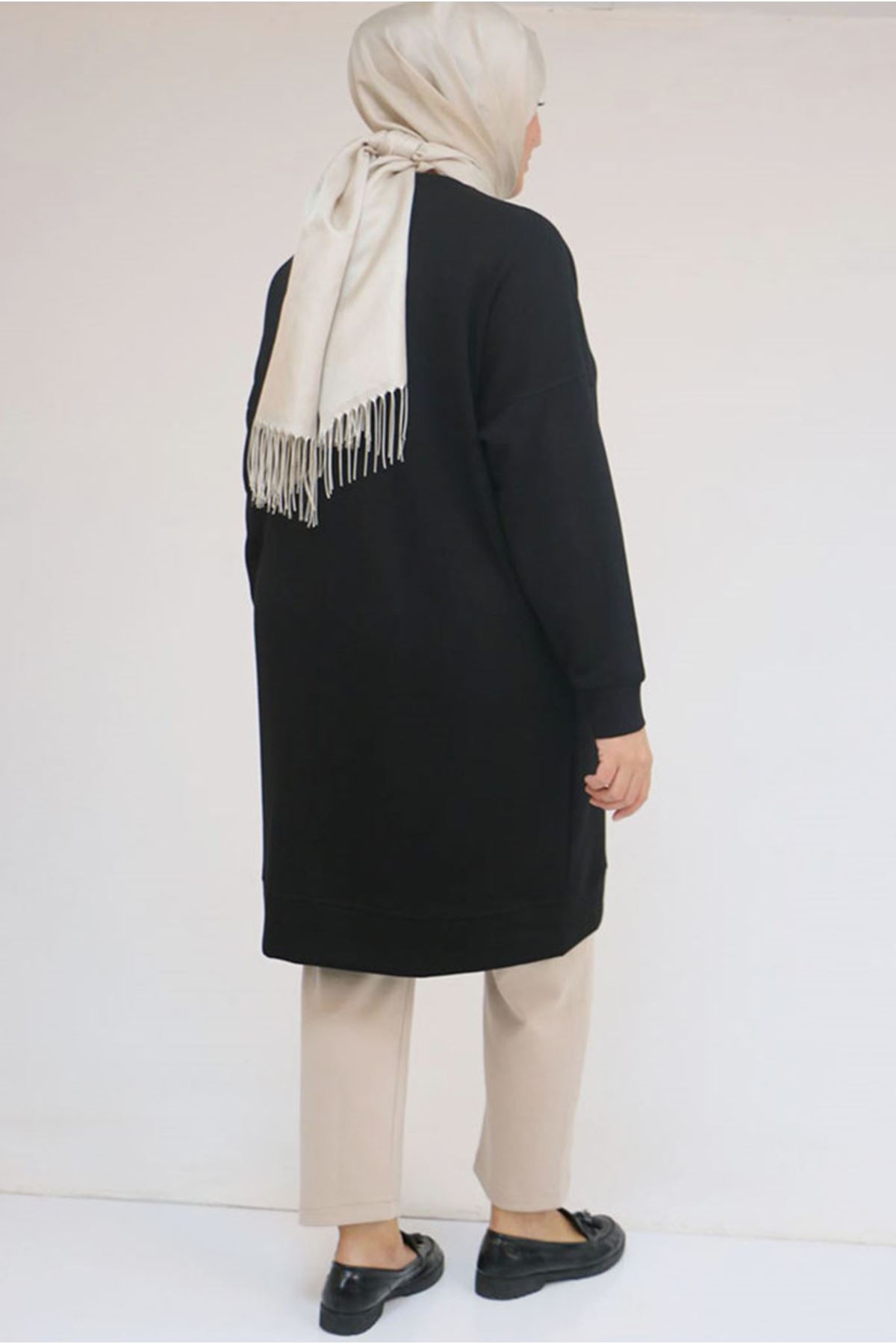 26K58151 - SİYAH - Büyük Beden Kol Ve Etek Ucu Kendinden Ribanalı Modal Tunik