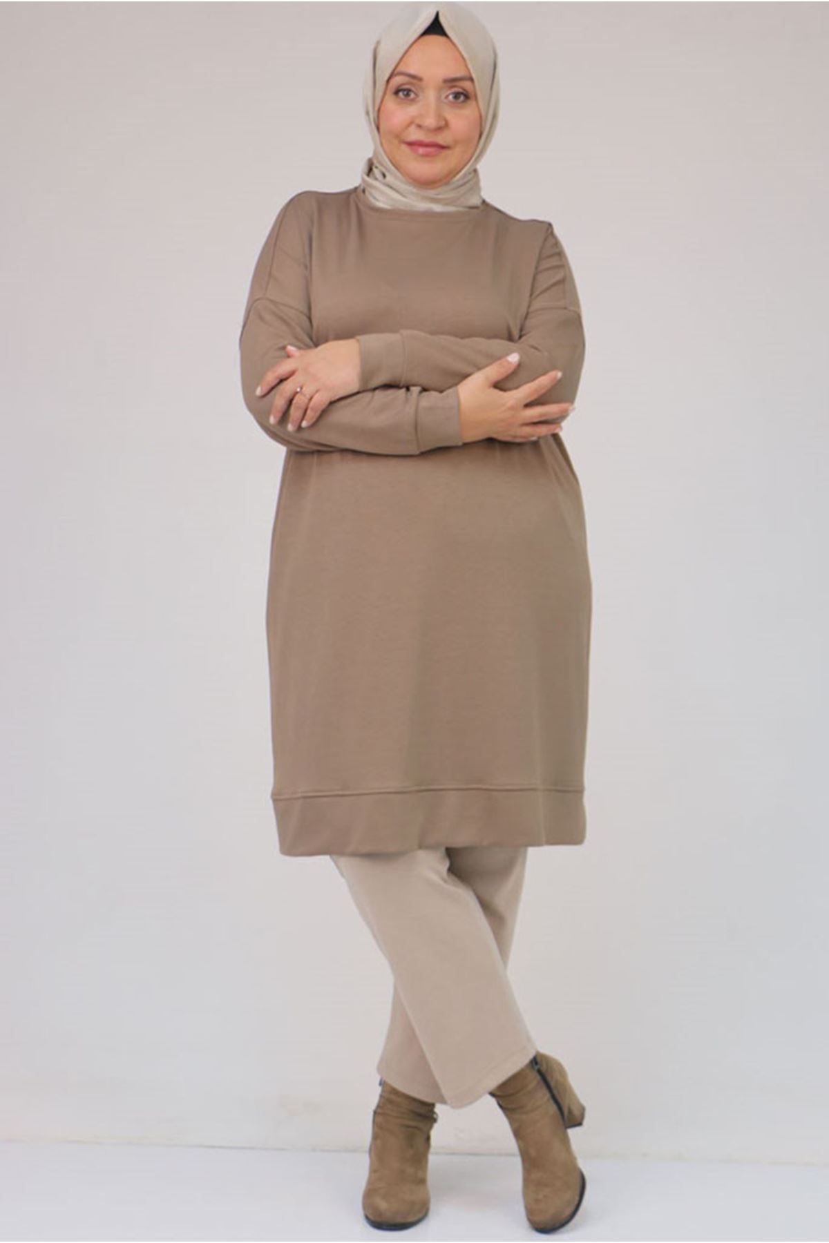 26K58151 - VİZON - Büyük Beden Kol Ve Etek Ucu Kendinden Ribanalı Modal Tunik