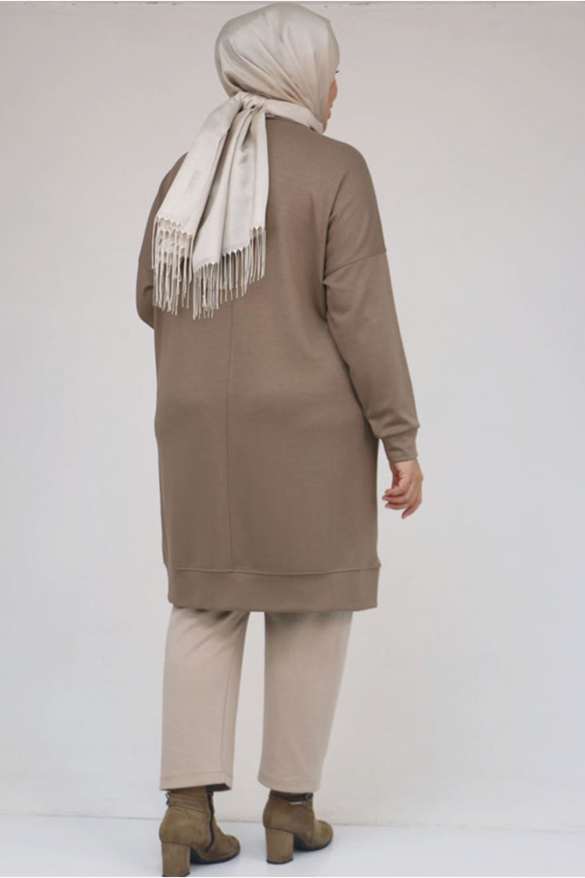 26K58151 - VİZON - Büyük Beden Kol Ve Etek Ucu Kendinden Ribanalı Modal Tunik