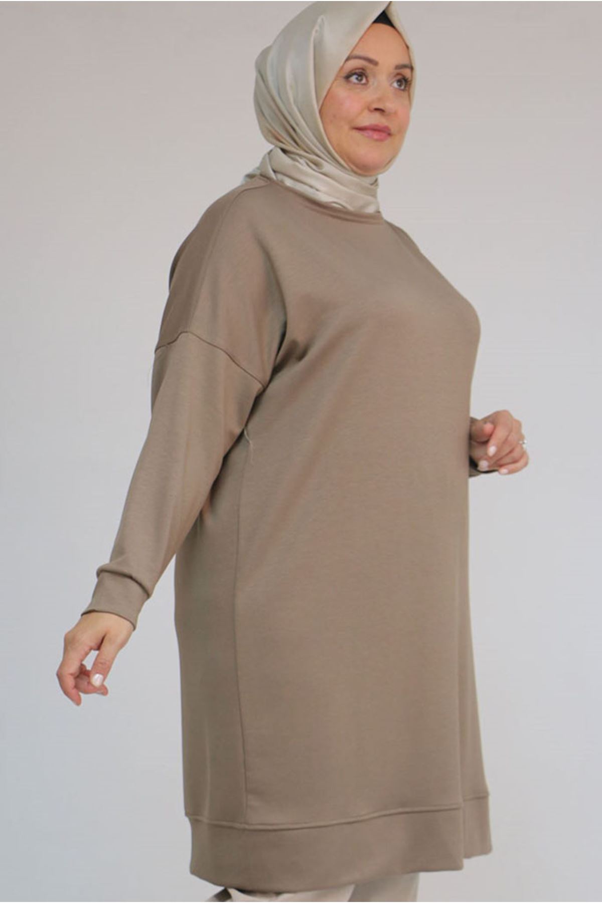 26K58151 - VİZON - Büyük Beden Kol Ve Etek Ucu Kendinden Ribanalı Modal Tunik