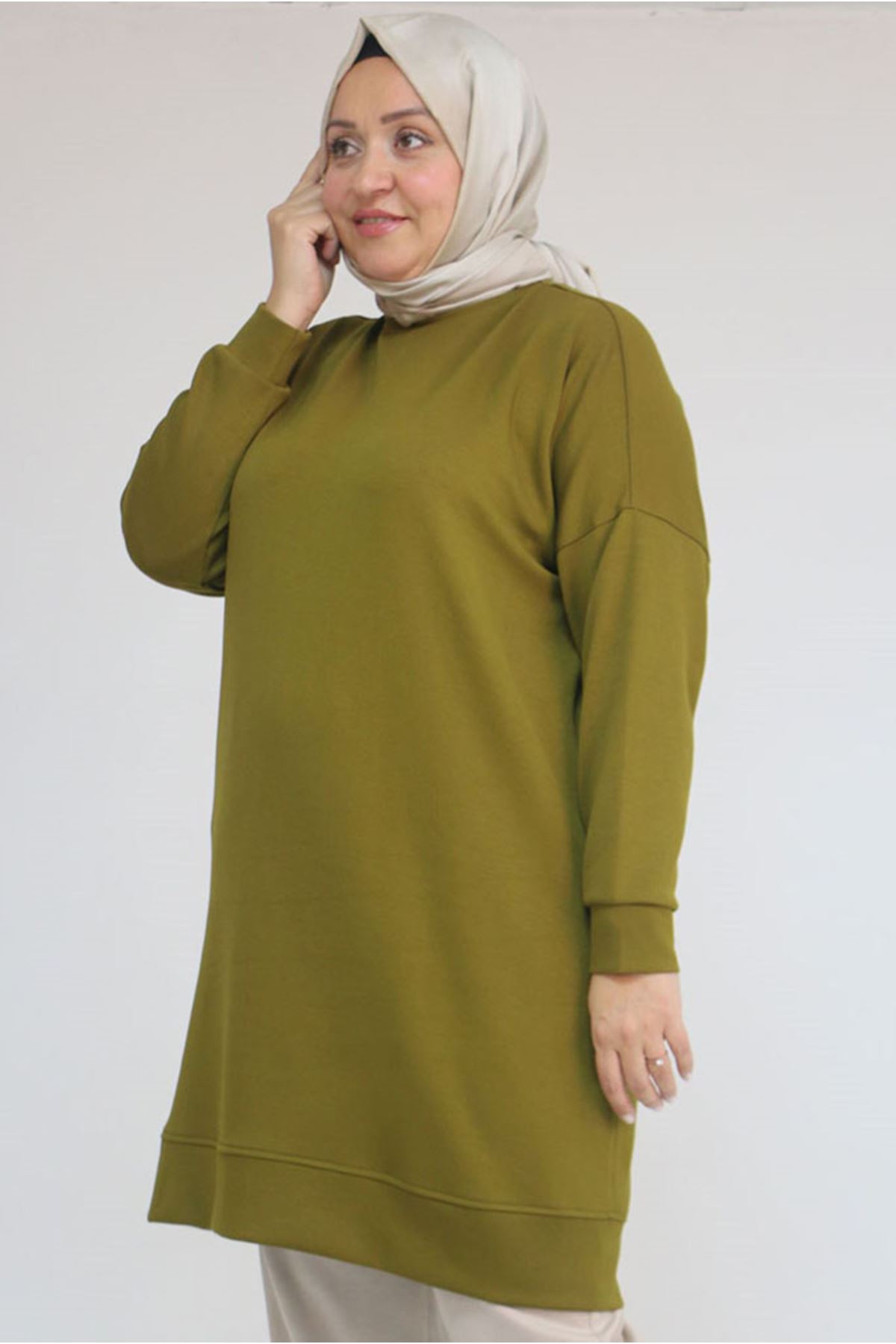 26K58151 - YAĞ  YEŞİLİ - Büyük Beden Kol Ve Etek Ucu Kendinden Ribanalı Modal Tunik