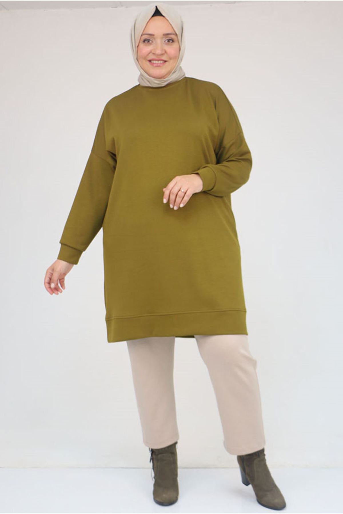 26K58151 - YAĞ  YEŞİLİ - Büyük Beden Kol Ve Etek Ucu Kendinden Ribanalı Modal Tunik