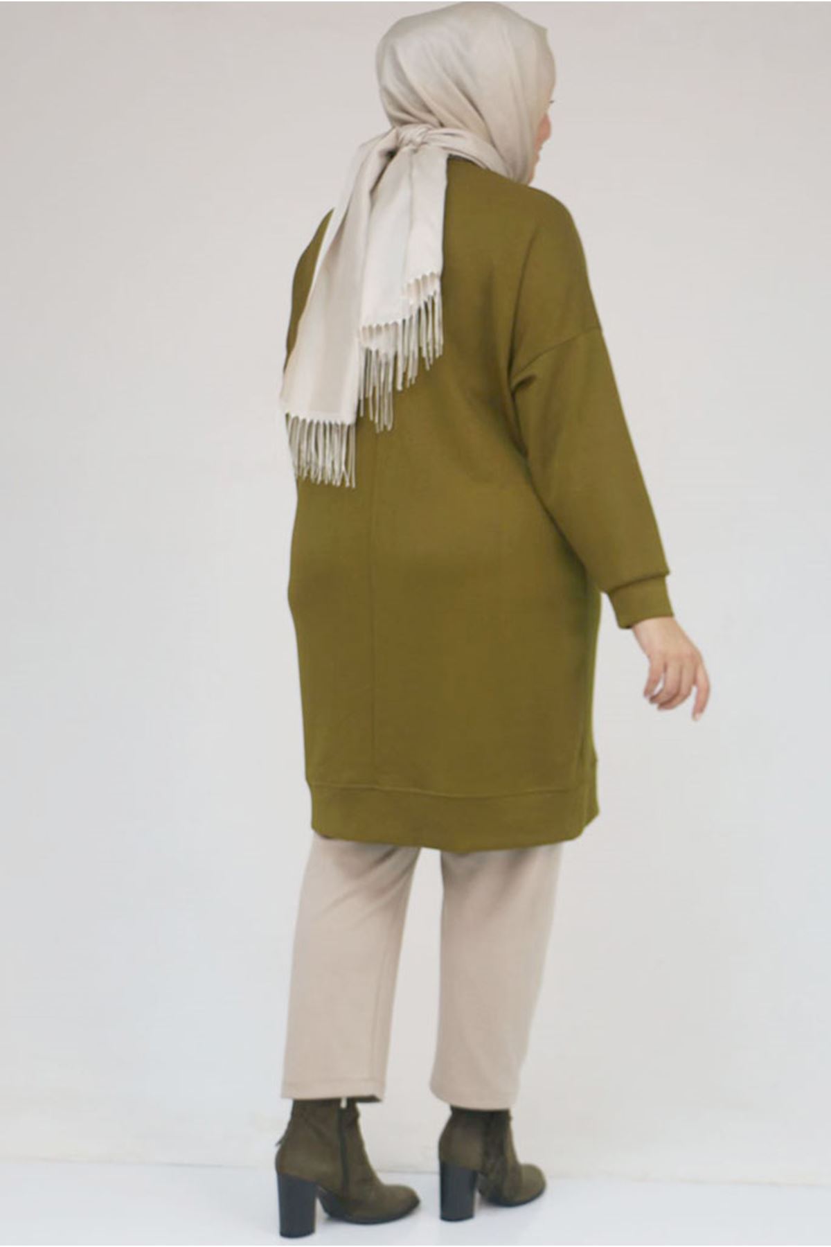 26K58151 - YAĞ  YEŞİLİ - Büyük Beden Kol Ve Etek Ucu Kendinden Ribanalı Modal Tunik