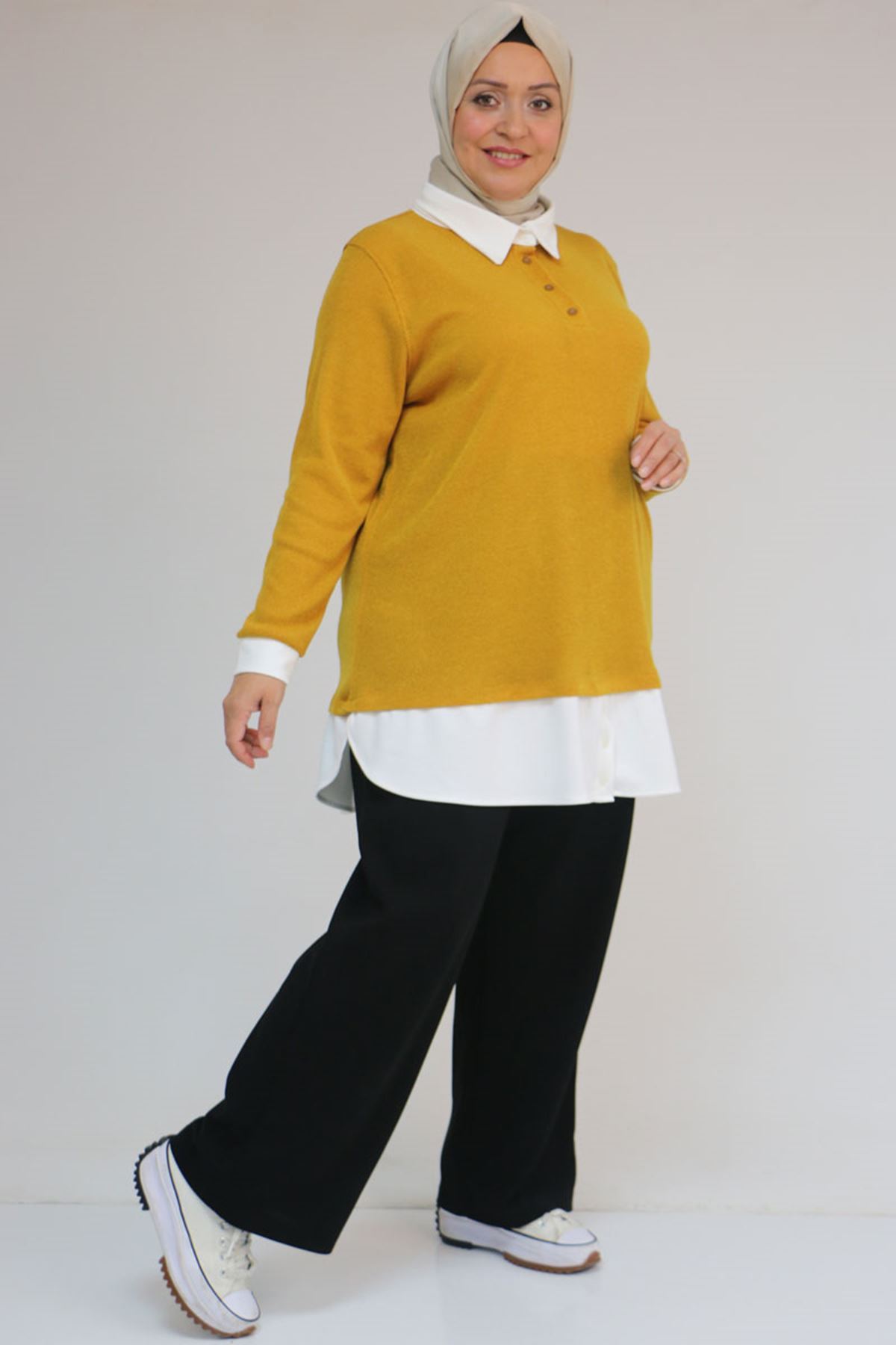 58159 Büyük Beden Gömlek Yaka Görünümlü Garnili Mir Tunik - Hardal