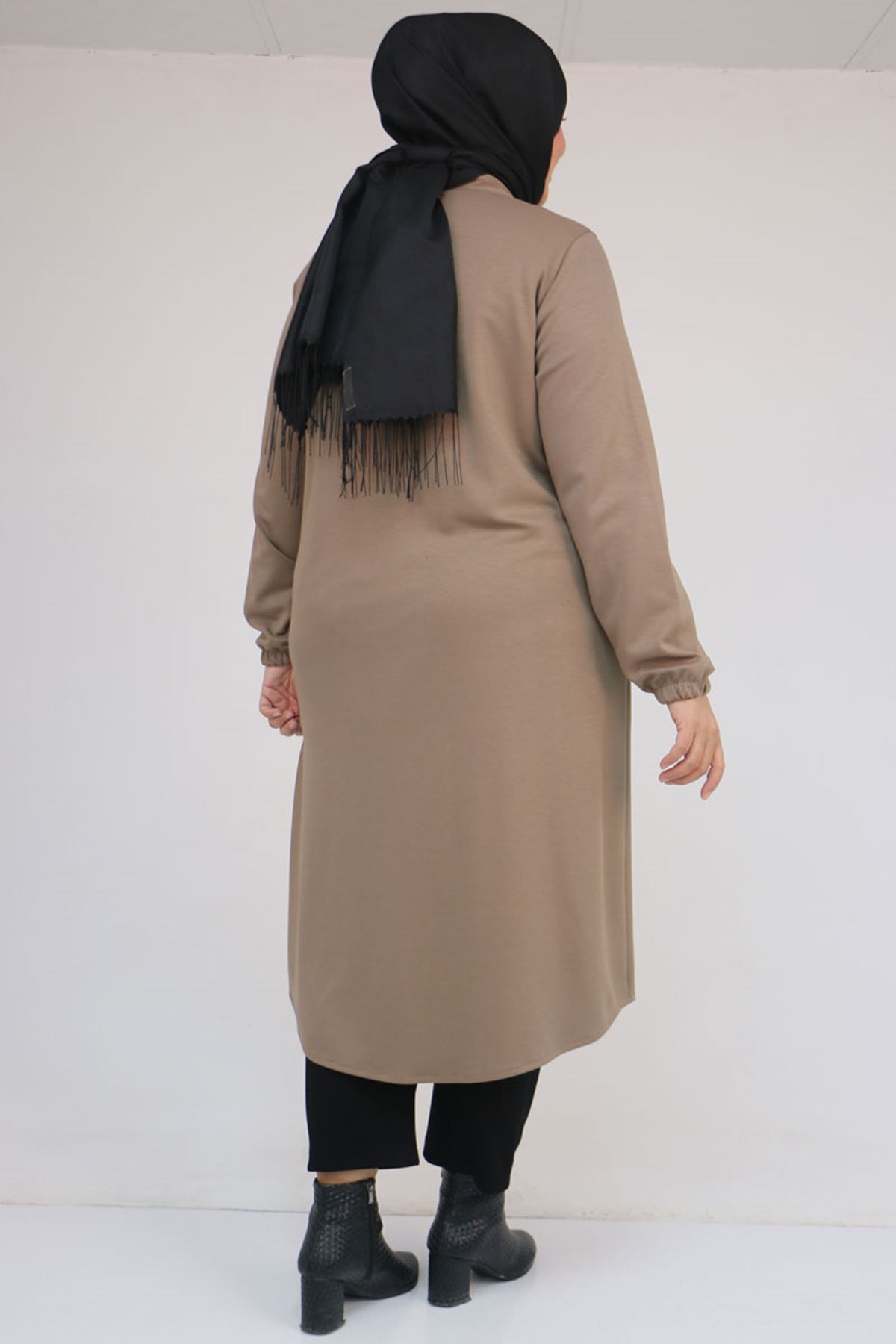 53054 Büyük Beden Boydan Düğmeli Modal Ceket - Vizon